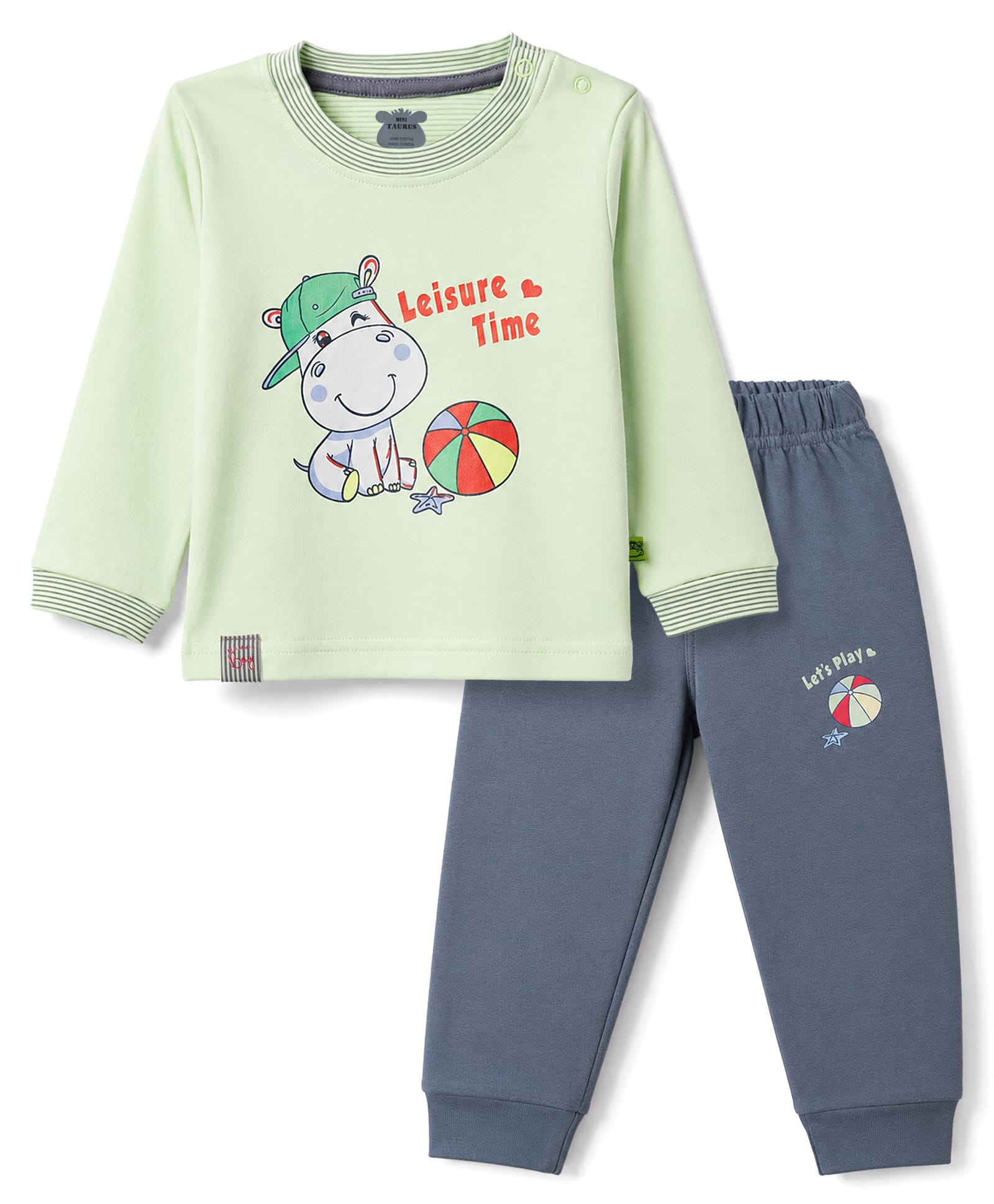 Mini Taurus 100% Cotton Knit Full Sleeves Animal Printed T-Shirt & Pant Set - Light Green-picture-15