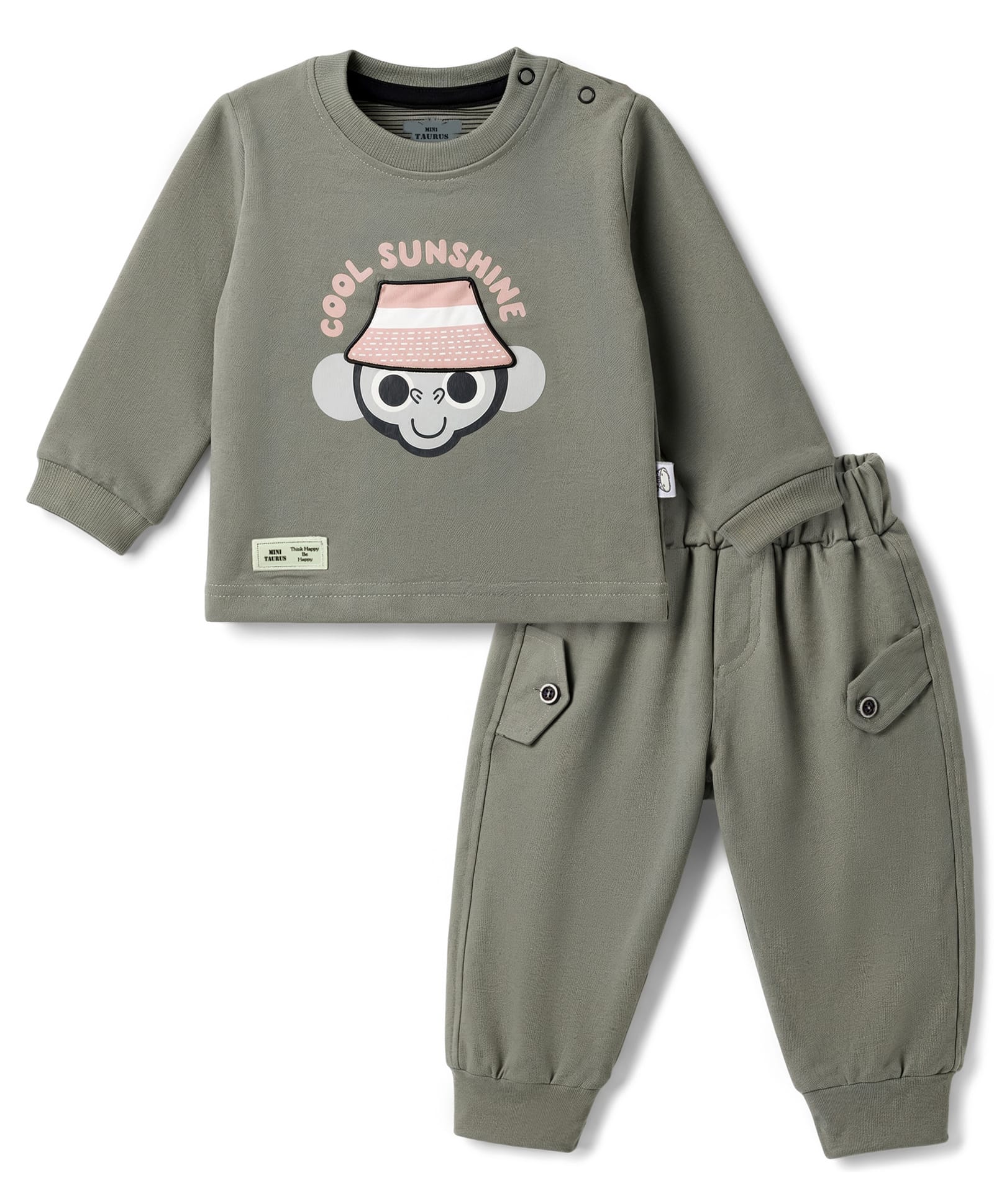 Mini Taurus 100% Cotton Knit Full Sleeves Animal & Text Printed T-Shirt & Pant Set - Olive Green-picture-22
