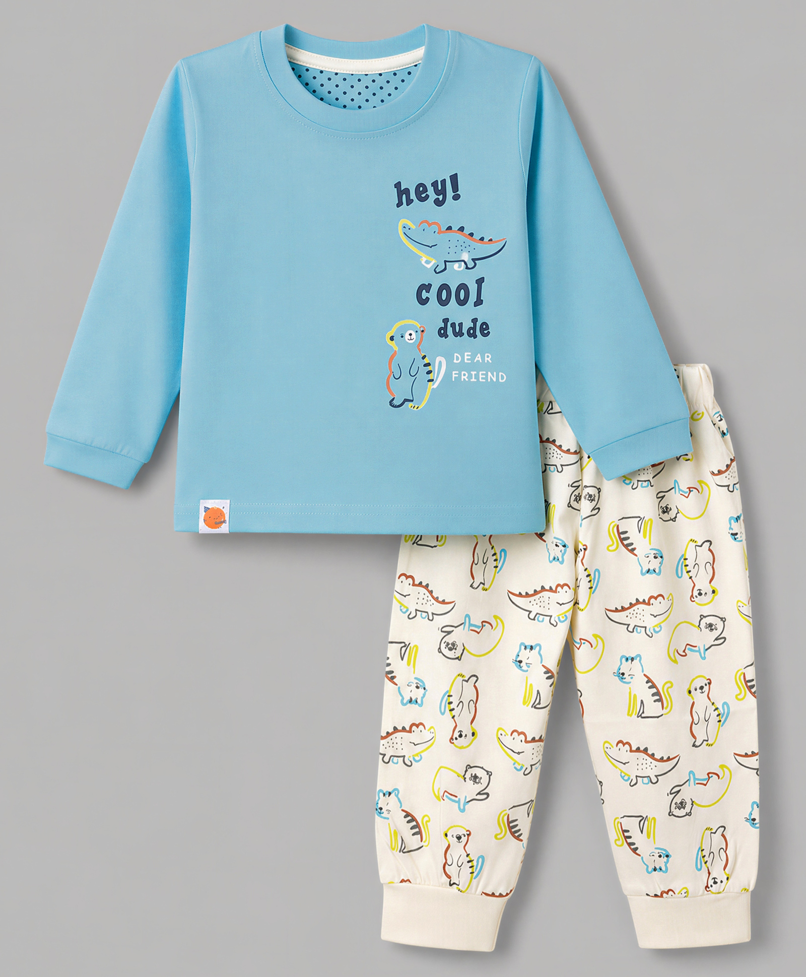 Mini Taurus Knit Full Sleeves T-Shirt & Pyjama Night Suit With Crocodile & Bear Print -Aqua-picture-12