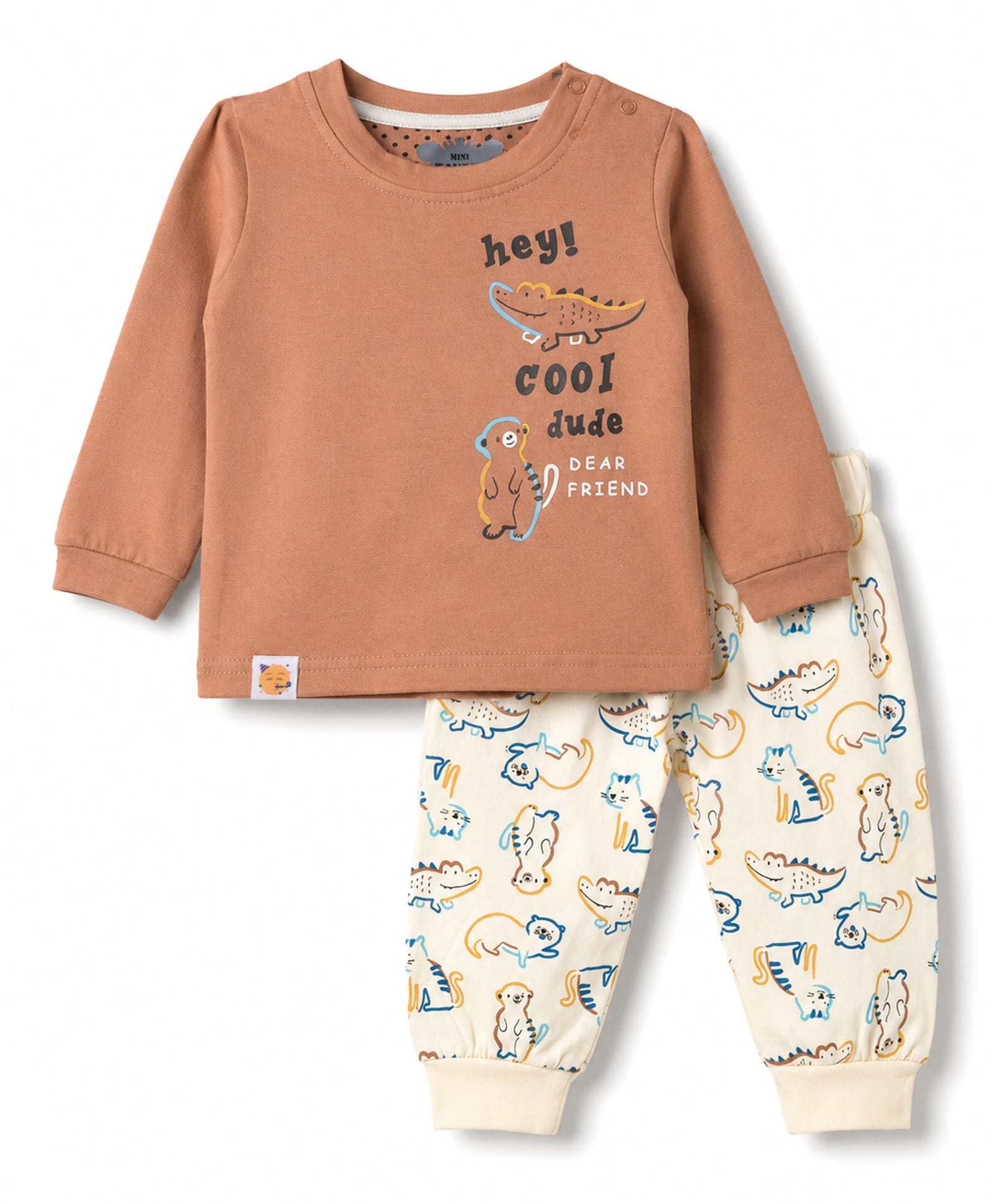 Mini Taurus Knit Full Sleeves Crocodile & Bear Printed T-shirt & Pajama Night Suit - Rust-image-44