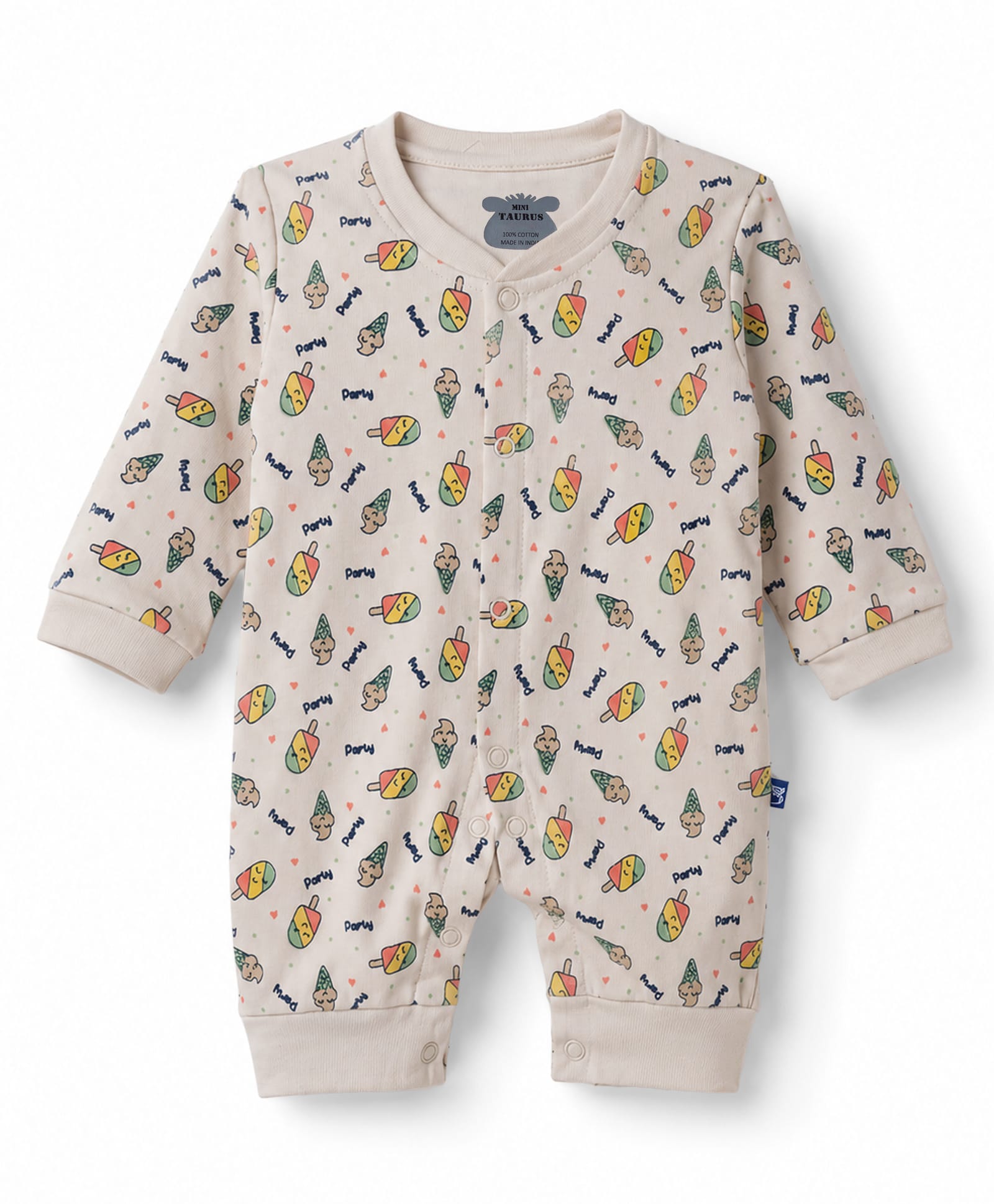 Mini Taurus Knitted Full Sleeves Icecream Printed Sleepsuit - Beige-picture-5