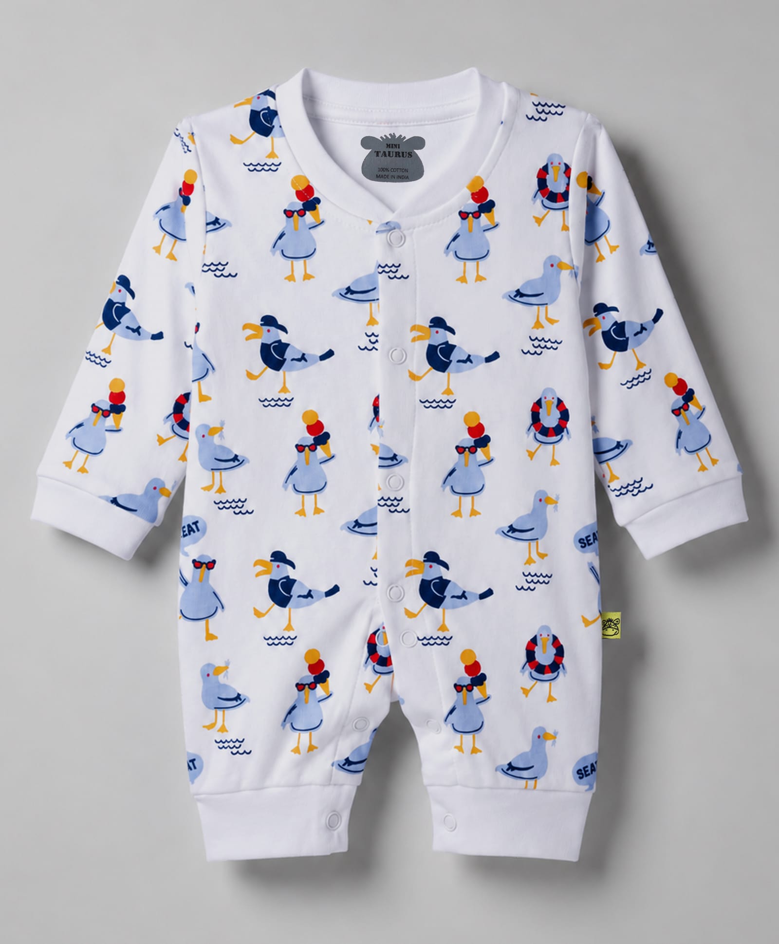 Mini Taurus Knit Full Sleeves Sleep Suits Birds Print - Whte-picture-9