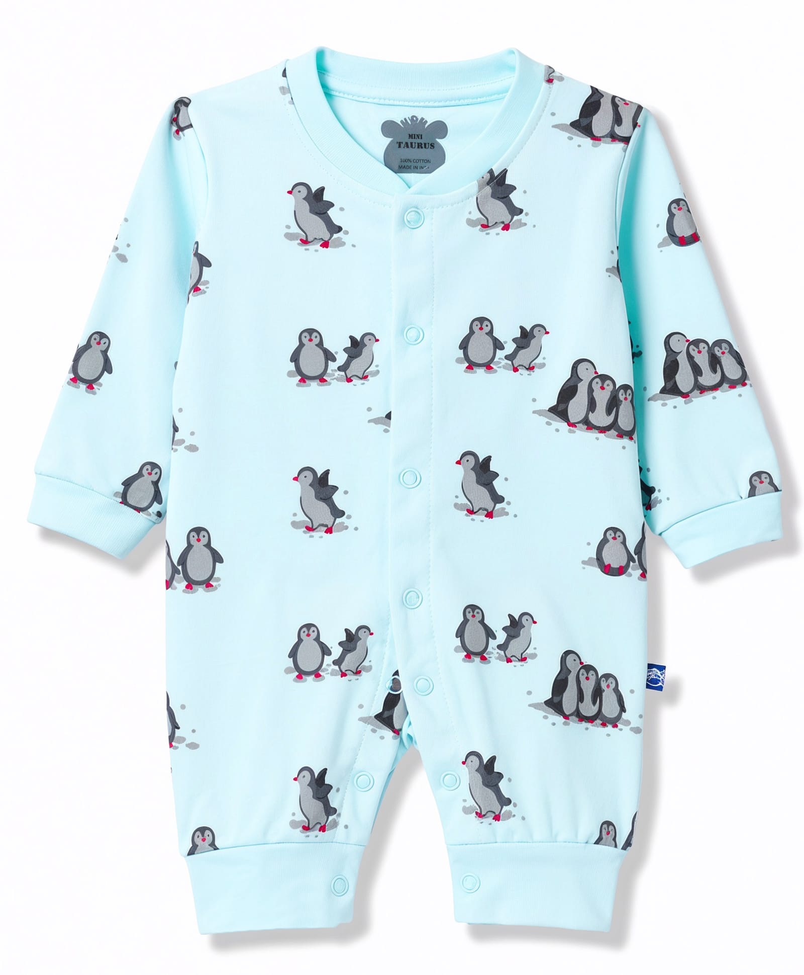 Mini Taurus Knit Full Sleeves Sleep Suits Penguin Print - Aqua Blue-image-13