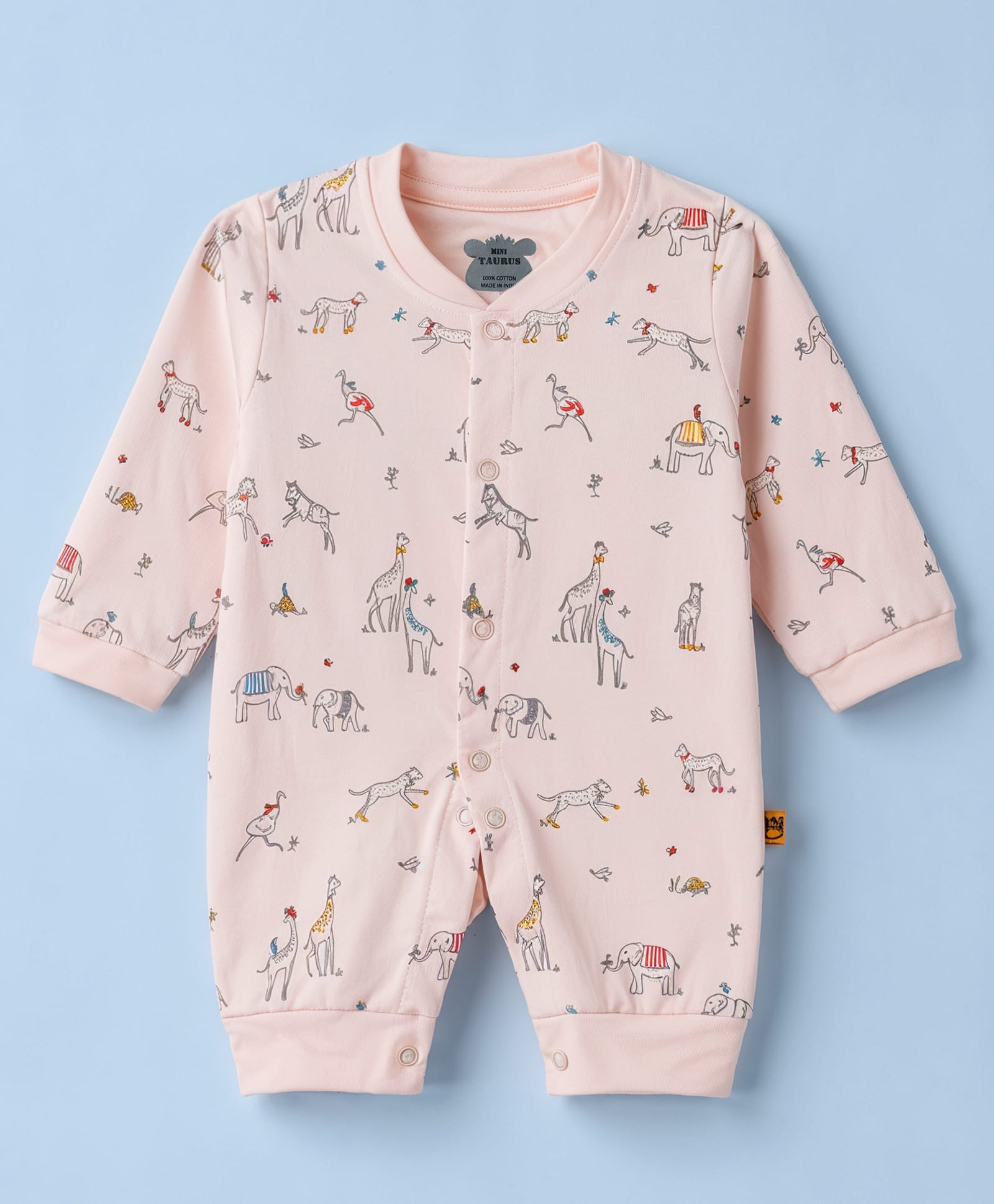 Mini Taurus Knitted Full Sleeves Animal Printed Sleepsuit - Baby Pink-picture-18