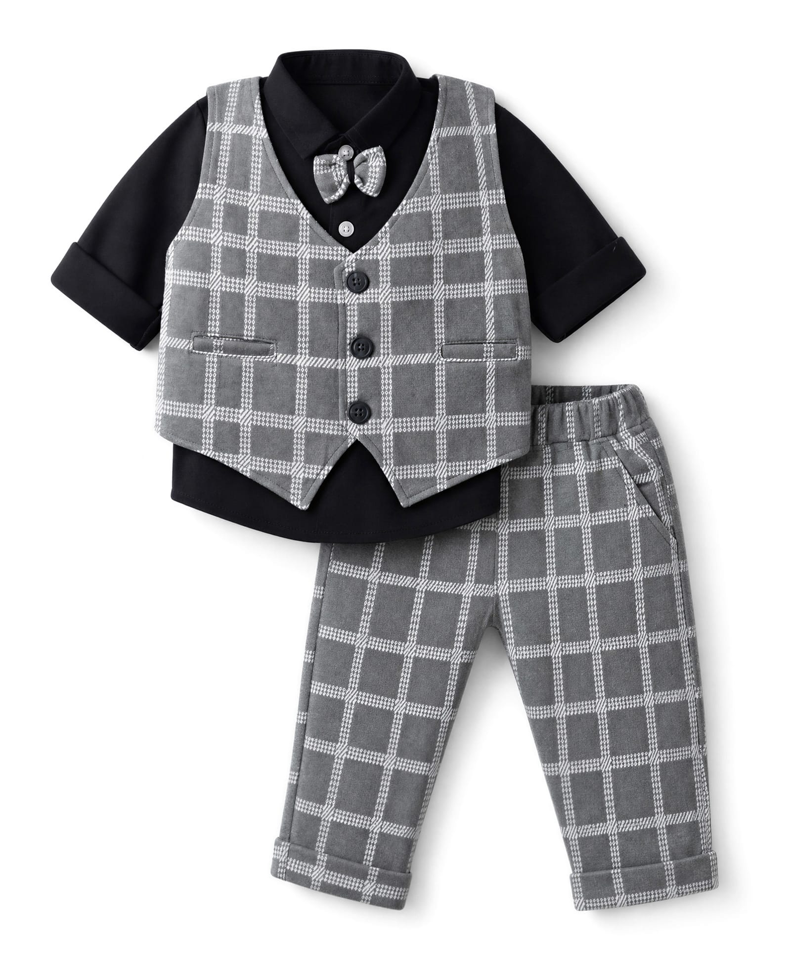 Mini Taurus Knit Full Sleeves 3 Piece Party Suit with Checks - Grey-image-1