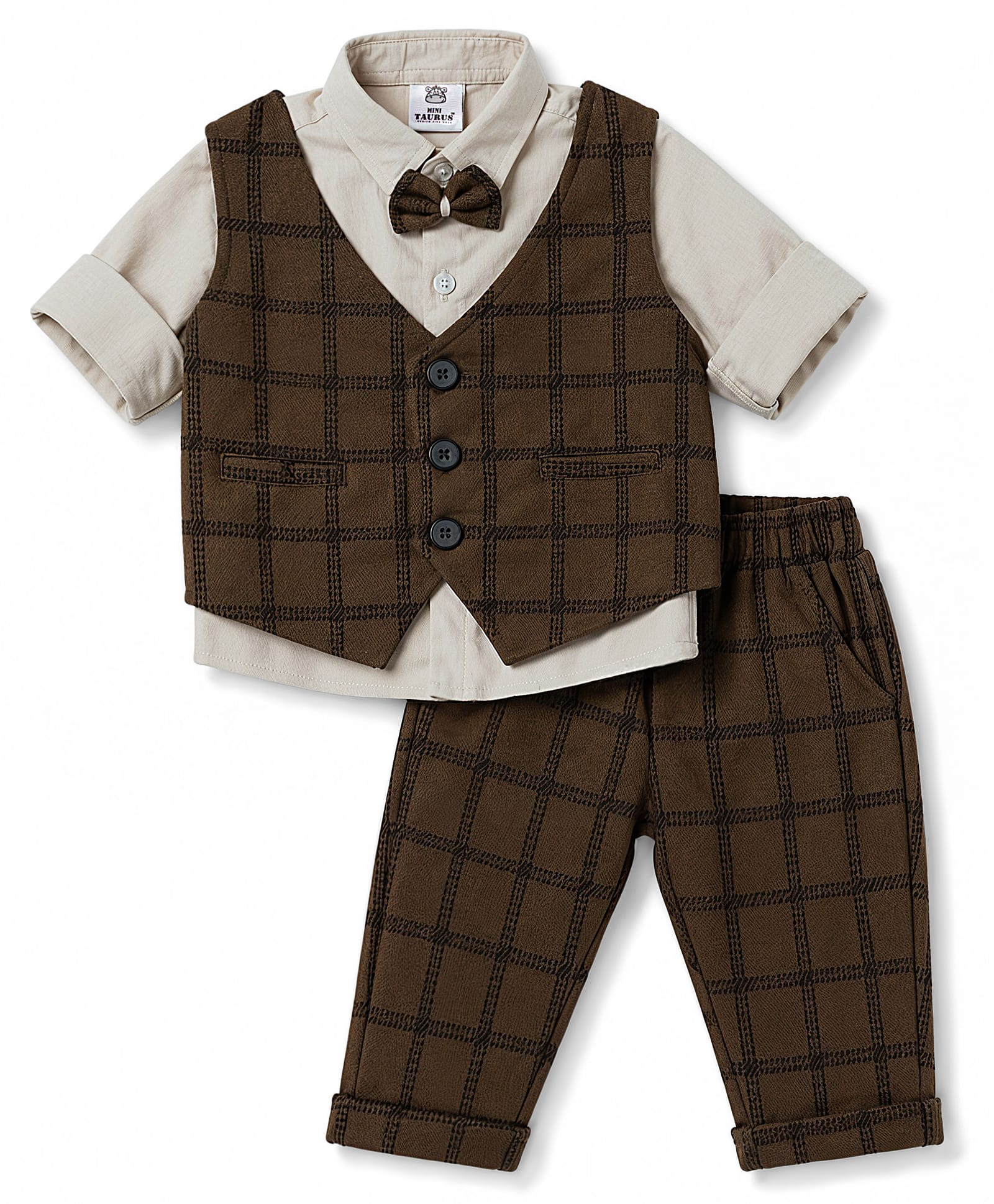 Mini Taurus Knit Full Sleeves 3 Piece Party Suit with Checks - Dark Brown-picture-22
