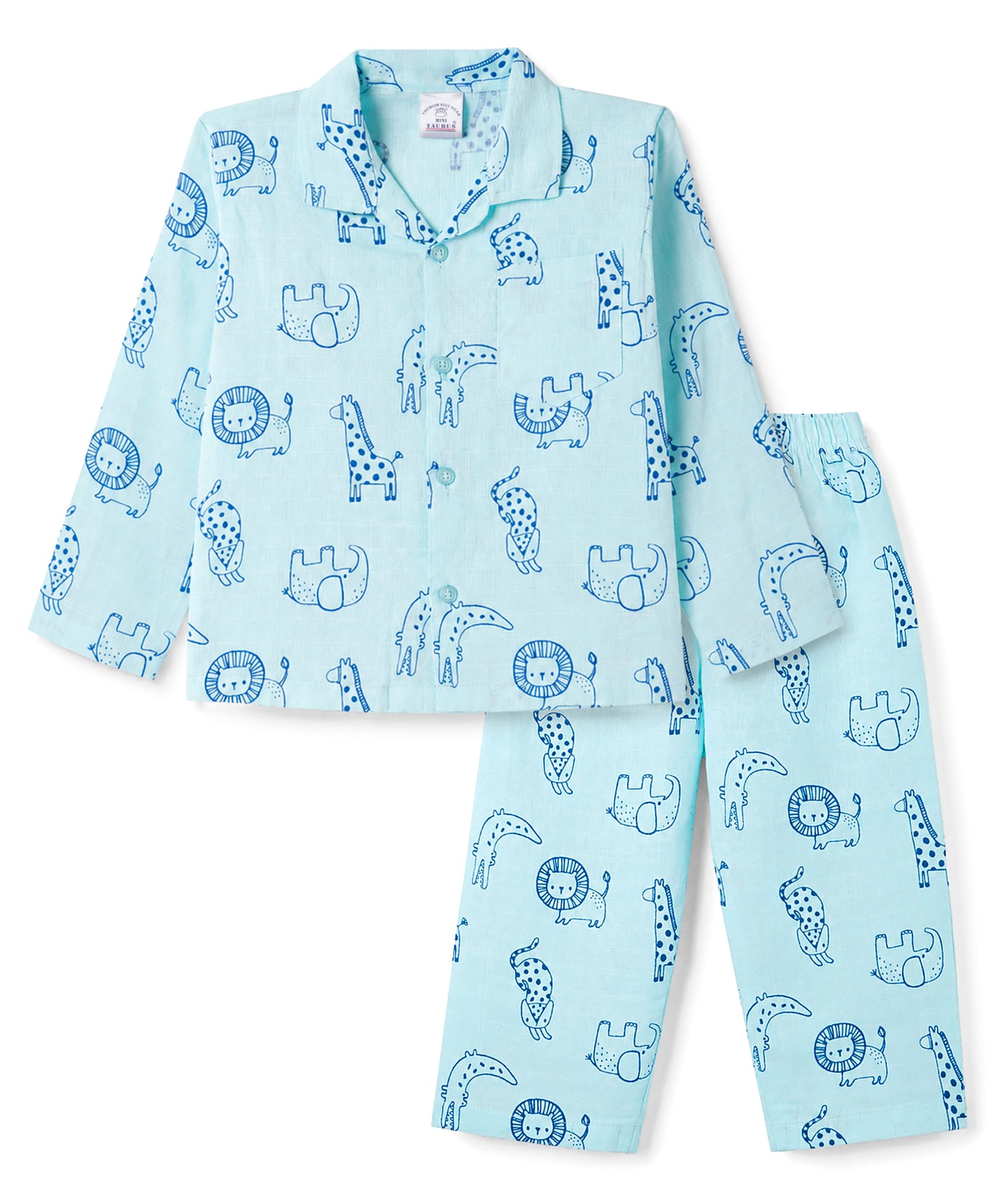 Mini Taurus Knit Full Sleeves Co-Ords Animals Printed Shirt & Pajama Night Suit - Aqua-picture-5