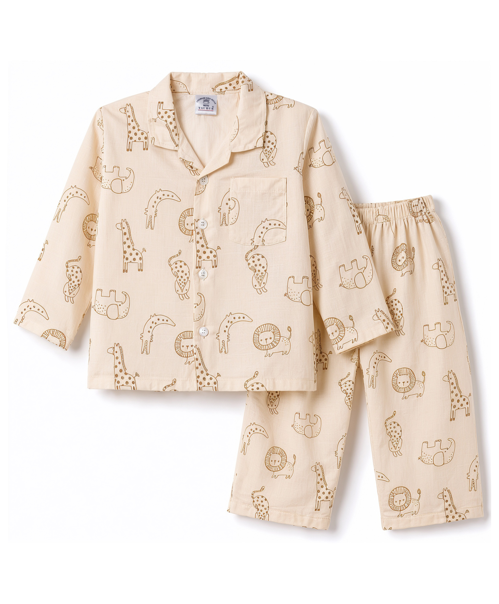 Mini Taurus Knit Full Sleeves Co-Ords Animals Printed Shirt & Pajama Night Suit - Cream-image-21