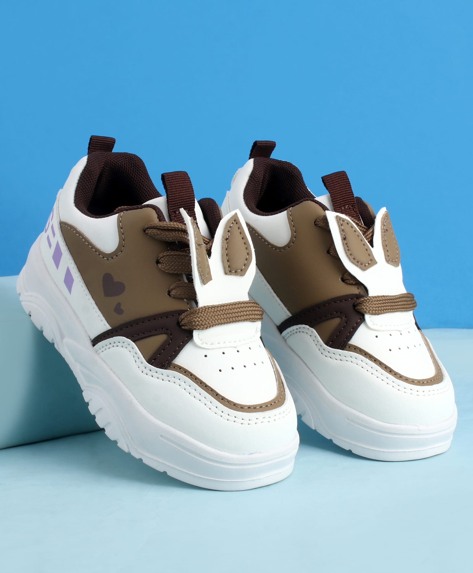 Babyoye Lace Up Sneaker With Hearts Print & Applique - Brown-picture-45