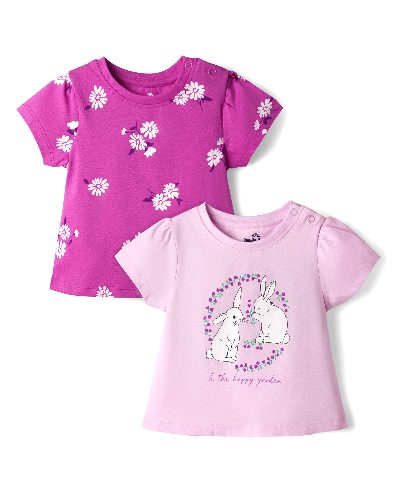 Doodle Poodle Single Jersey Knit Half Sleeves T-Shirts with and Floral, Animal & Text Print Pack Of 2 - Light Pink & Purple-image-36