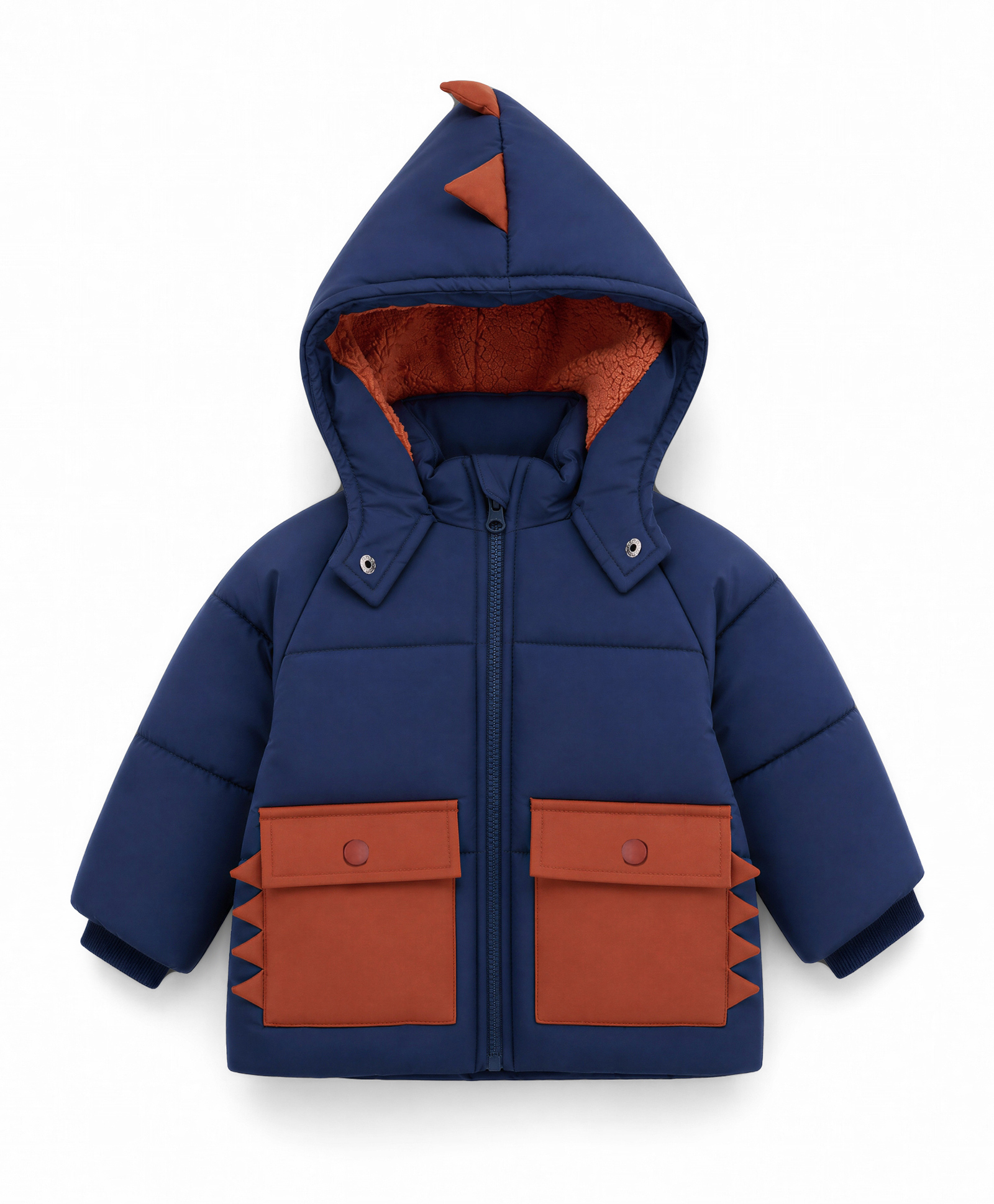 Bonfino Quilted Puffer Hooded Jacket with Full Sleeves and Dino Tail Spikes Pocket - Blue-image-2