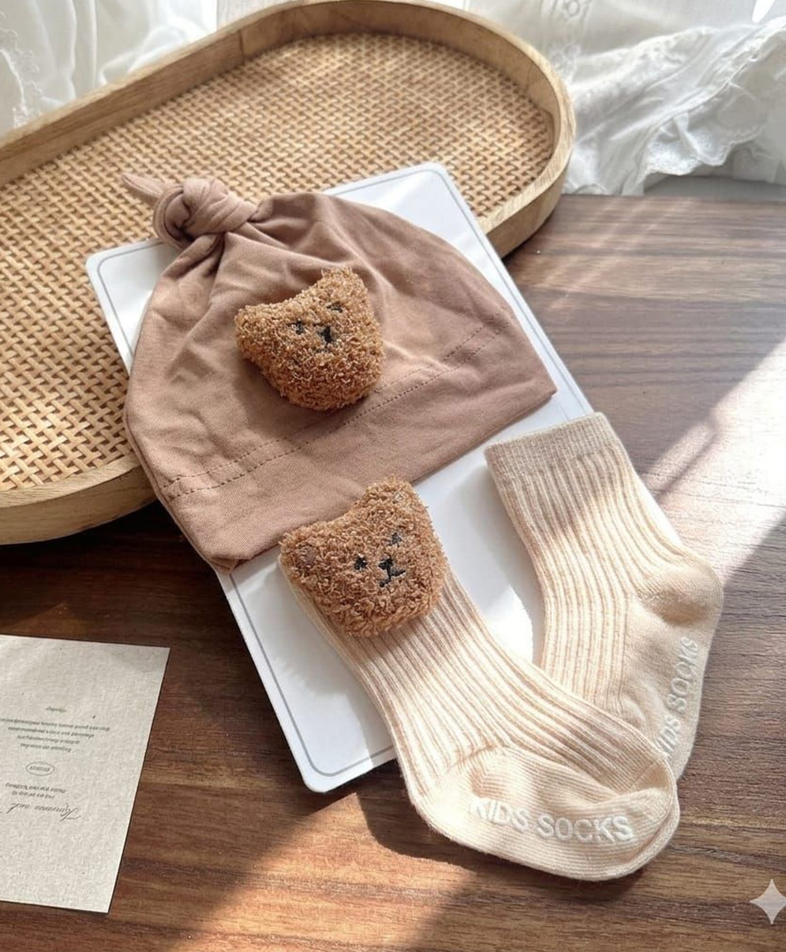 Kidofash Cotton Spandex Knit Teddy Applique Detailed Socks & Beanie Cap Set - Brown - Circumference 18 Cms-picture-22