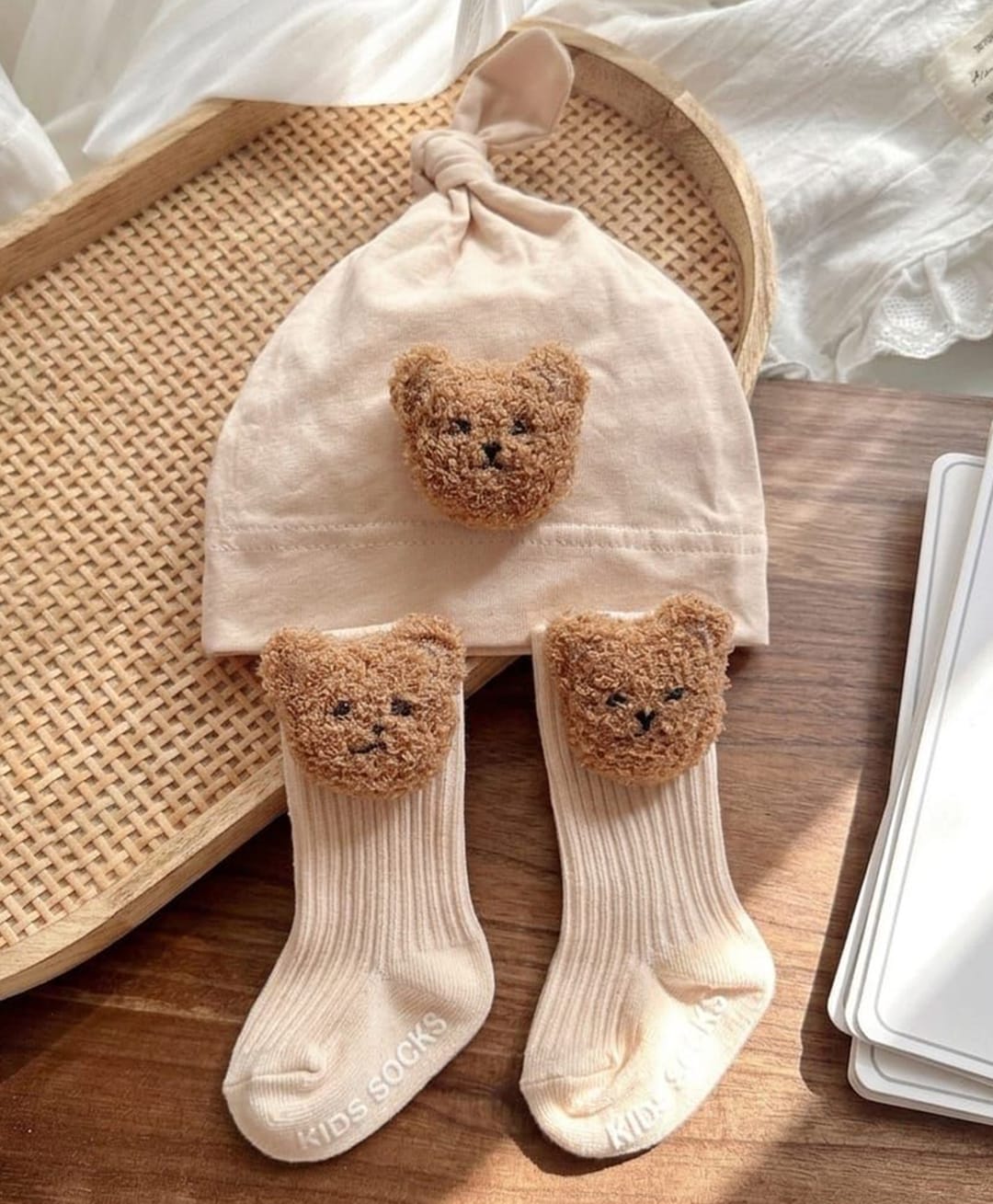 Kidofash Cotton Spandex Knit Teddy Applique Detailed Socks & Beanie Cap Set - Brown - Circumference 18 Cms-picture-29