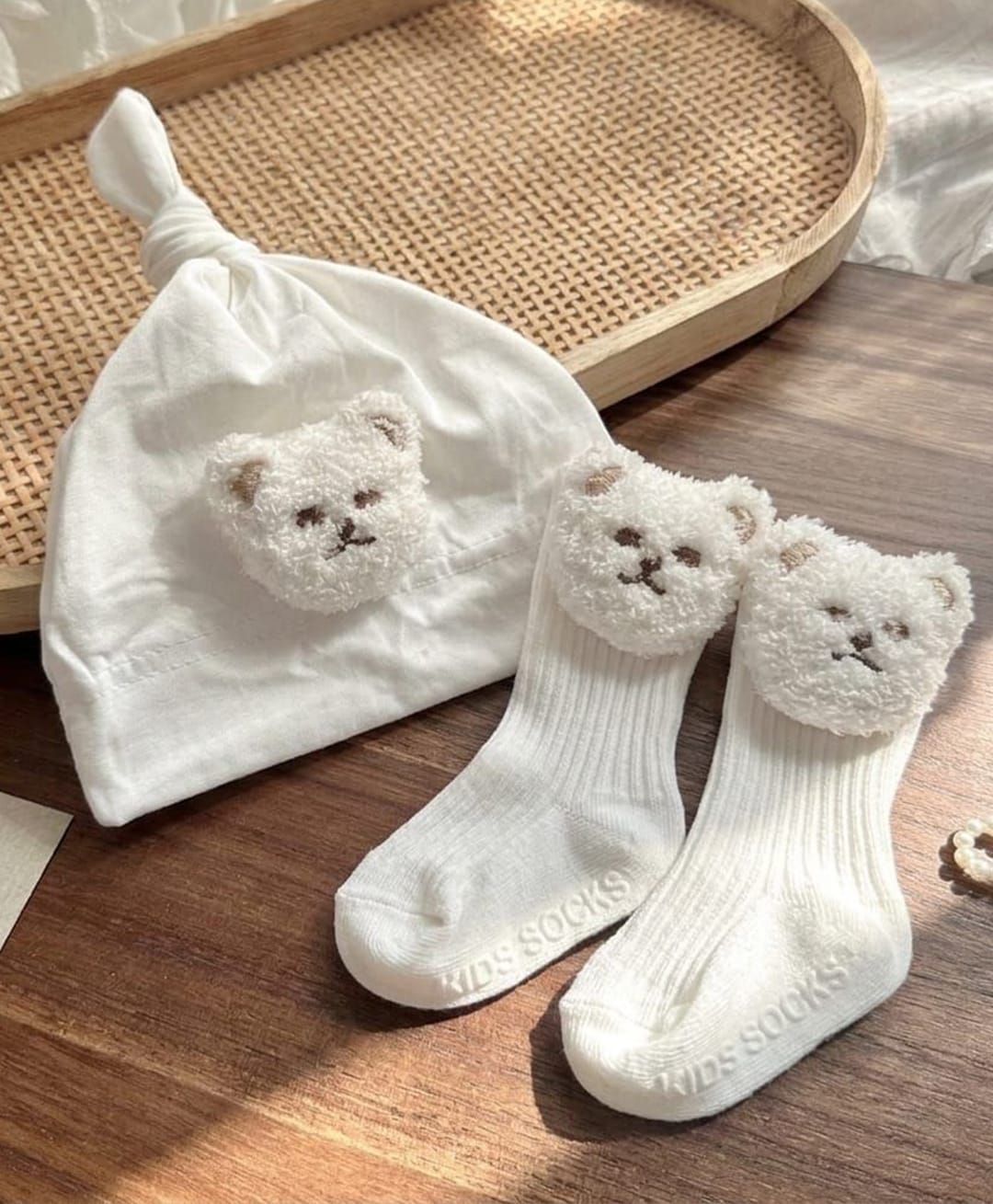 Kidofash Cotton Spandex Knit Teddy Applique Detailed Socks & Beanie Cap Set - White - Circumference 18 Cms-image-46