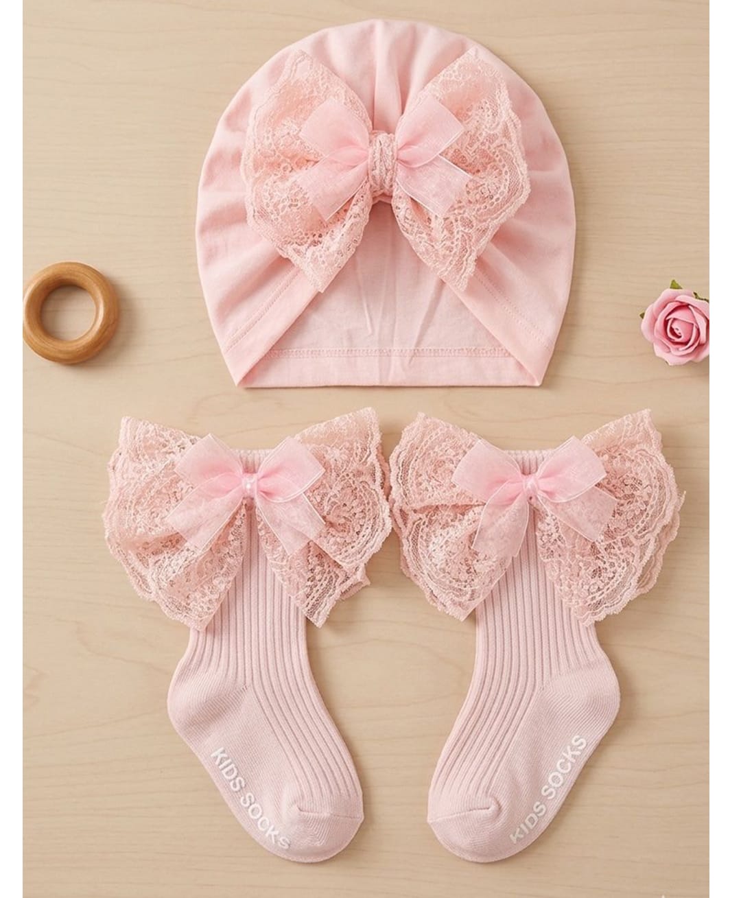 Kidofash Cotton Spandex Knit Bow Applique Detailed Socks With Turban Cap - Pink - Circumference - 30 Cm-picture-35