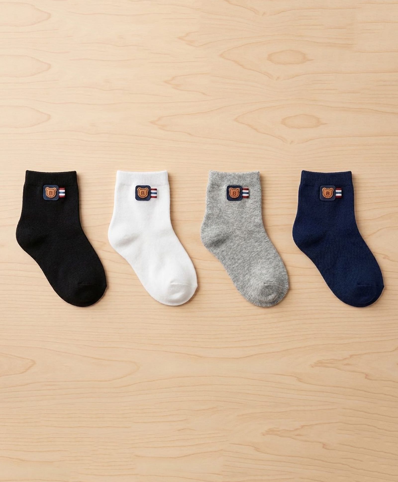 Kidofash Cotton Spandex Knit Pack Of 4 Bear Patch Applique Detailed Socks - White-picture-46