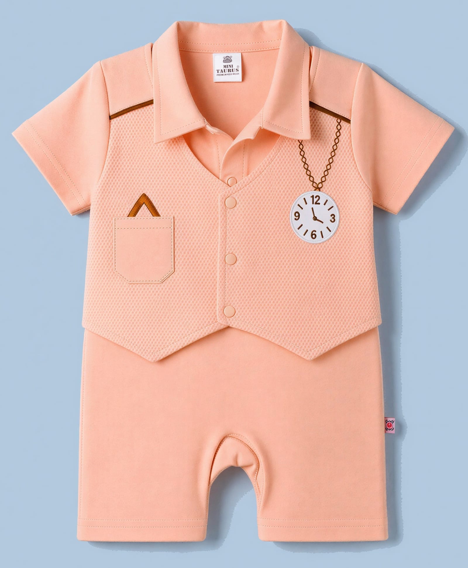 Mini Taurus 100% Cotton Knit Half Sleeves Watch Embroidered Party Romper - Peach-image-48