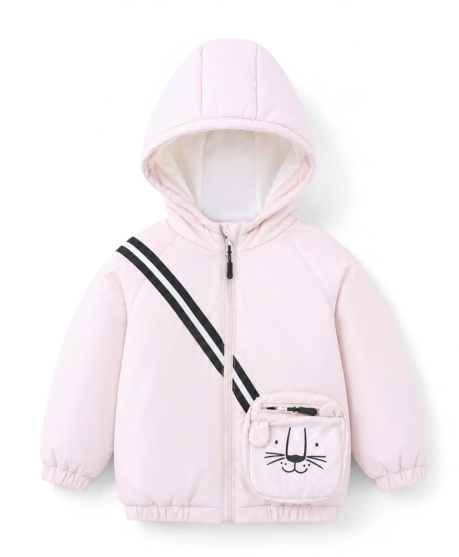 Bonfino Woven Raglan Full Sleeves Animal Printed Puffer Hooded Jacket With Functional Bag - Beige-picture-18