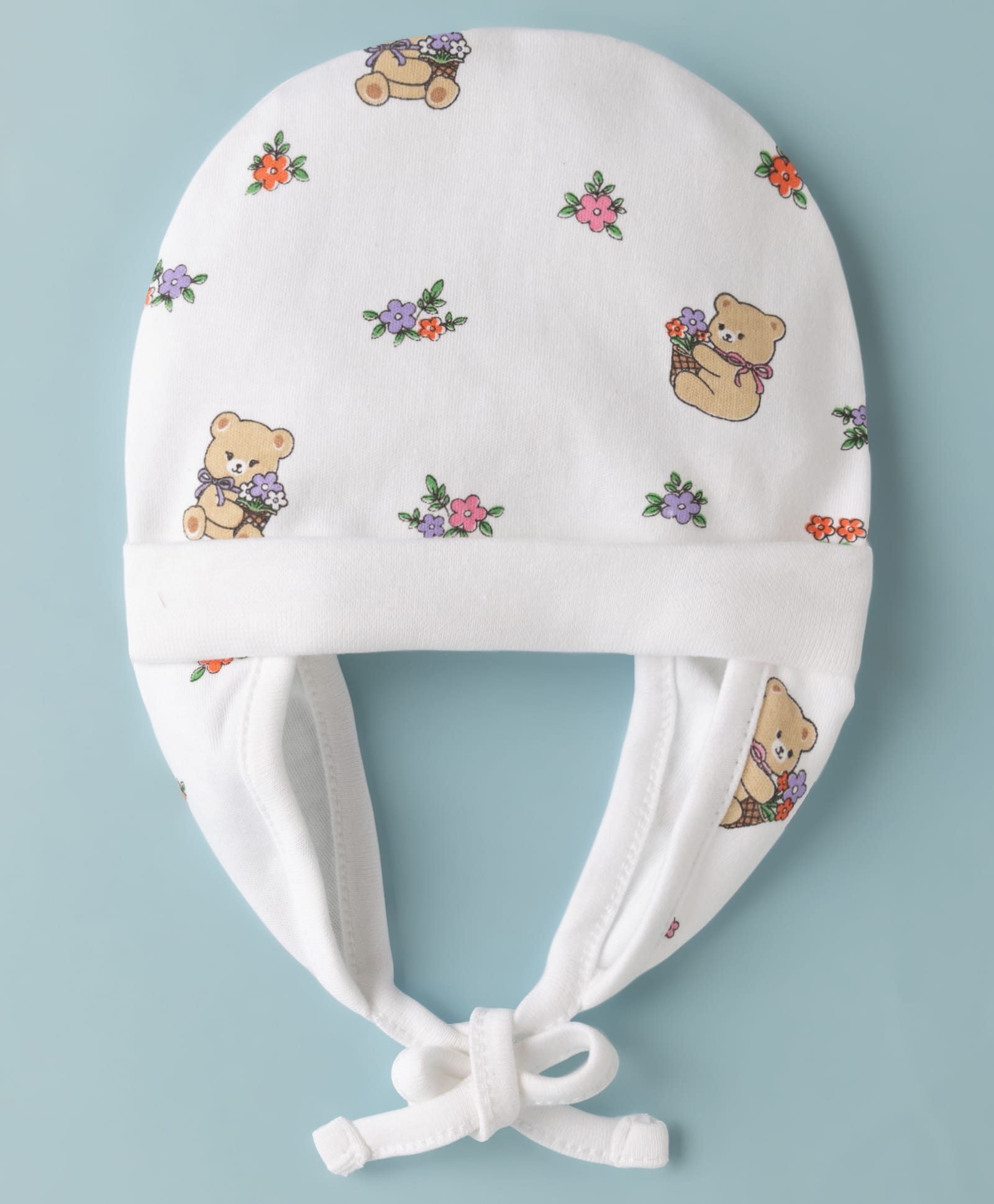 Babyhug 100% Cotton Interlock Knit Ear Flap Cap With Teddy Bear & Flora L Print White - Diameter 15 cm-image-4