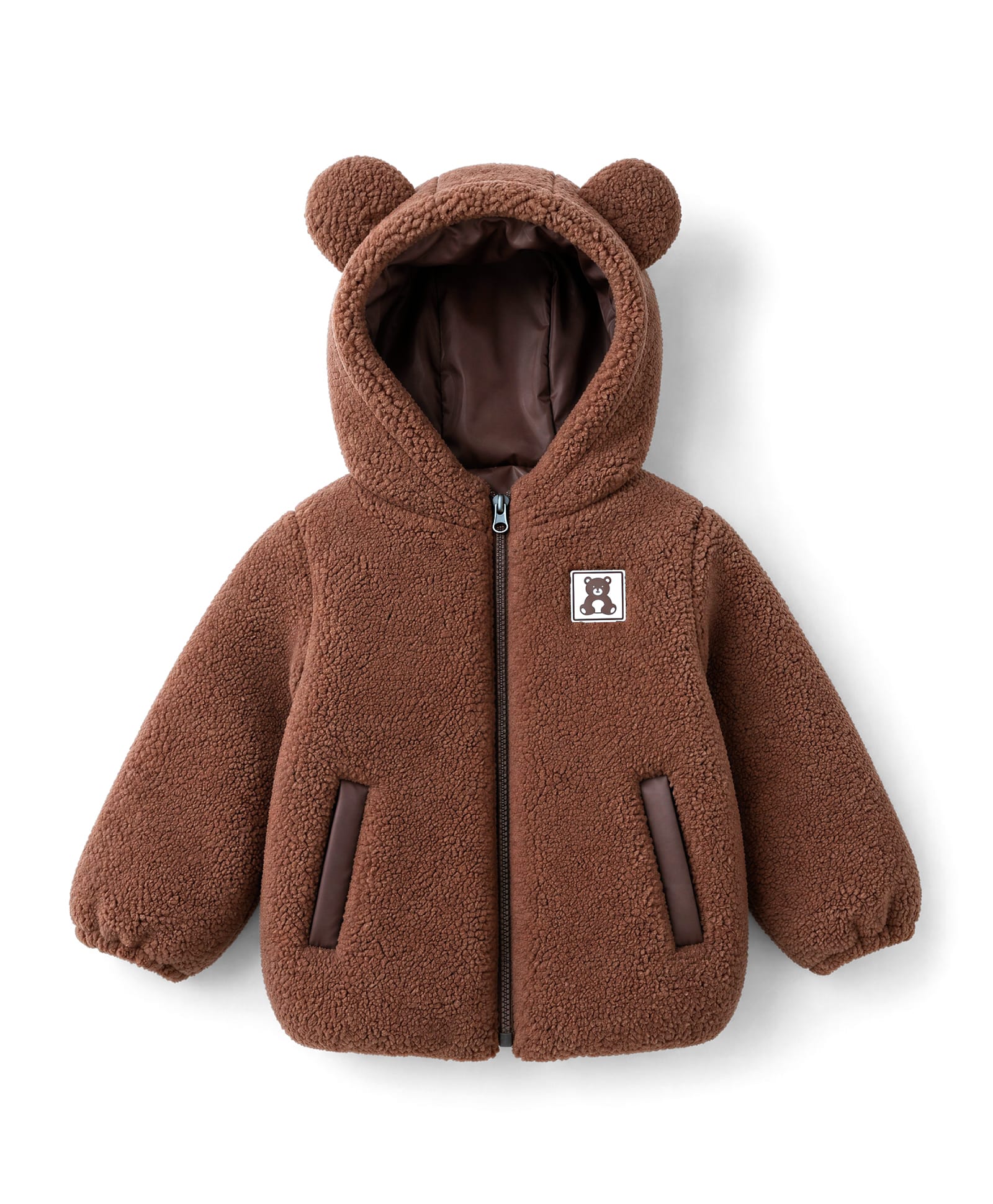 Bonfino Woven Full Sleeves Fleece Hooded Jackets with Bear Patch & Applique - Dark Brown-picture-31