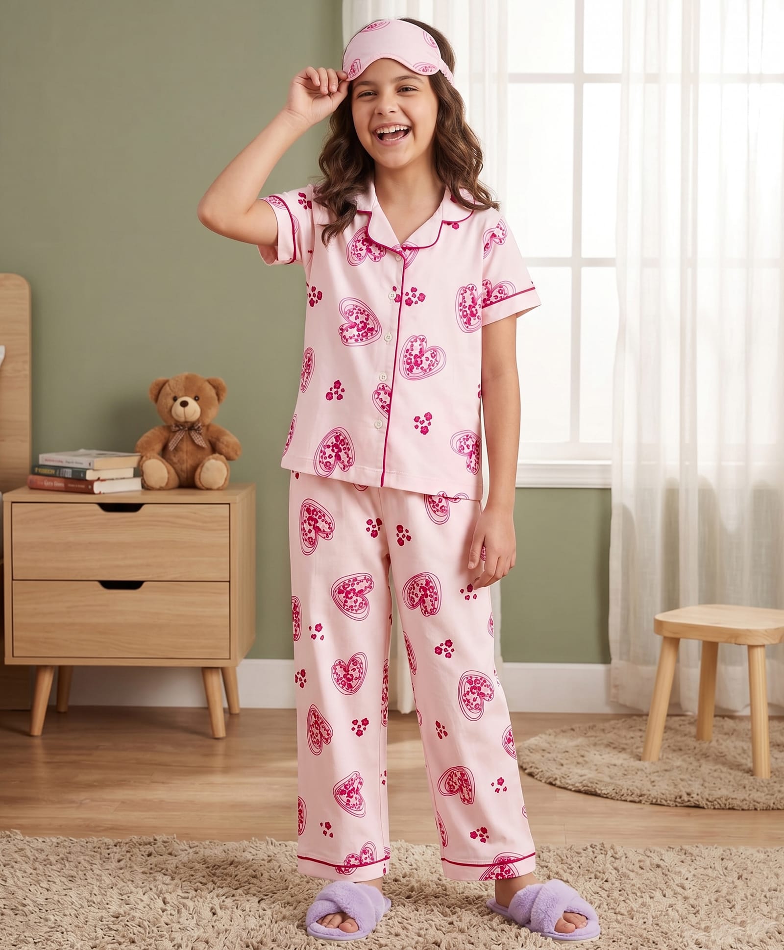 Pine Kids Cotton Knit Half Sleeves Heart Printed Co-Ords Shirt & Pajama Night Suit - Pink-image-20