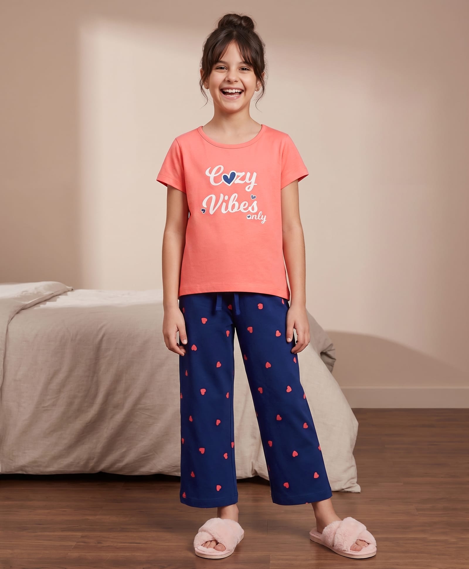 Pine Kids Cotton Knit Half Sleeves T-Shirt & Pajama Night Suit with Hearts & Text Print - Coral-image-33