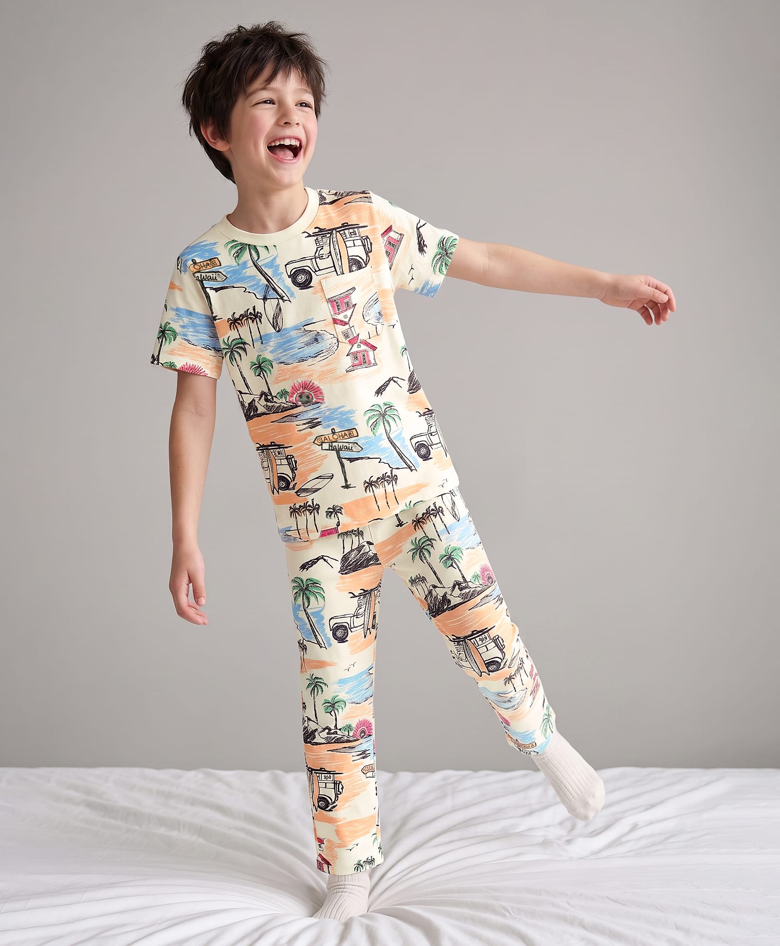Pine Kids Cotton Knit Half Sleeves Beach Theme Printed Co-Ords T-Shirt & Pyjama Night Suit - Cream-image-42