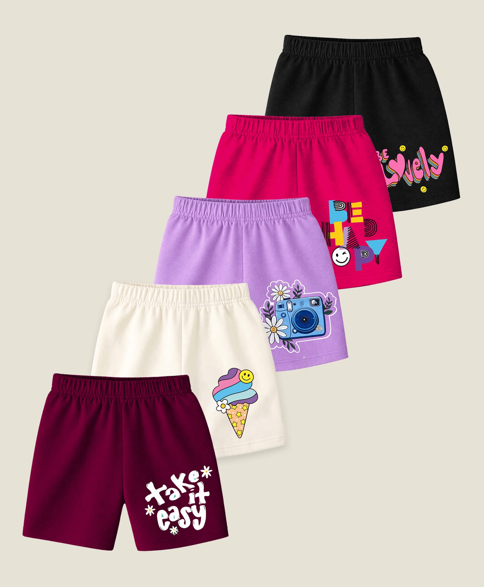 KUCHIPOO Cotton Knit Pack Of 5 Ice Cream Camera & Be Happy Text Printed Shorts - Maroon Off White Purple Pink & Black-picture-17