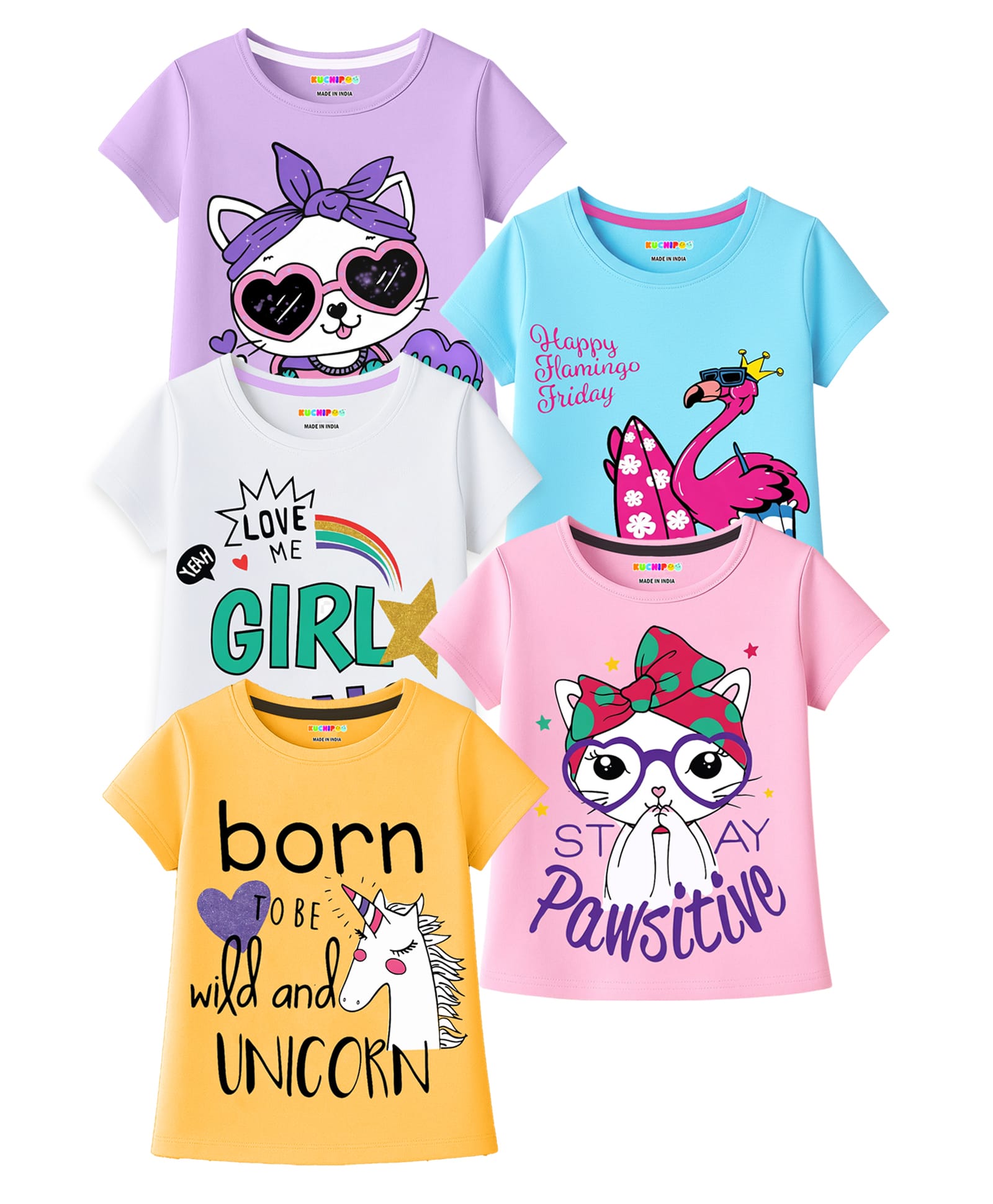 KUCHIPOO Cotton Knit Pack Of 5 Half Sleeves Kitten Flamingo & Unicorn Printed Tees - Lavender Sky Blue White Pink & Yellow-picture-27