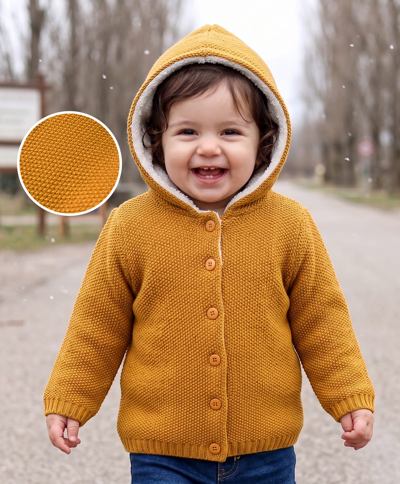 Babyhug Knit Full Sleeves Solid Colour Front Open Hooded Sweater - Yellow-picture-30