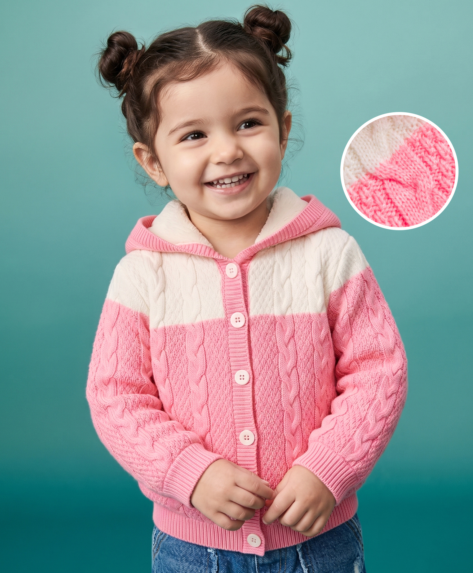 Babyhug Knit Full Sleeves Hooded Sweater With Cable Knit Design - Pink & White-picture-23
