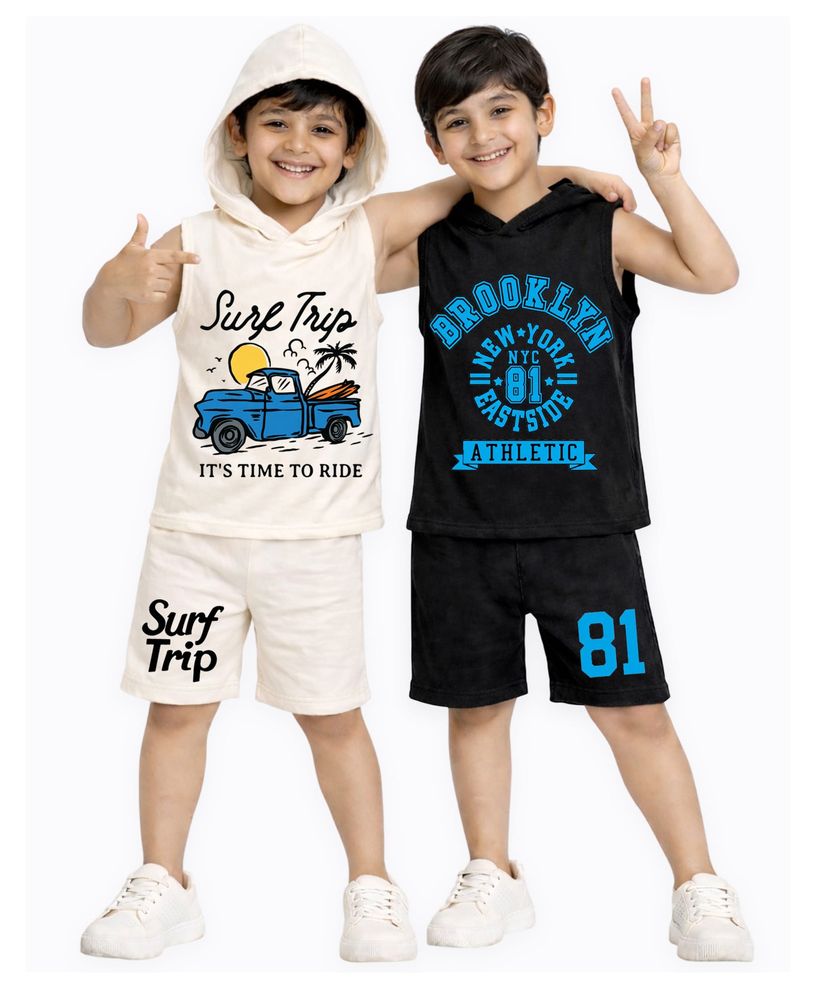 KUCHIPOO Cotton Knit Pack Of 2 Sleeveless Pick Up Truck & Brooklyn Text Printed Hooded Tee & Shorts Set - Cream & Black-picture-15