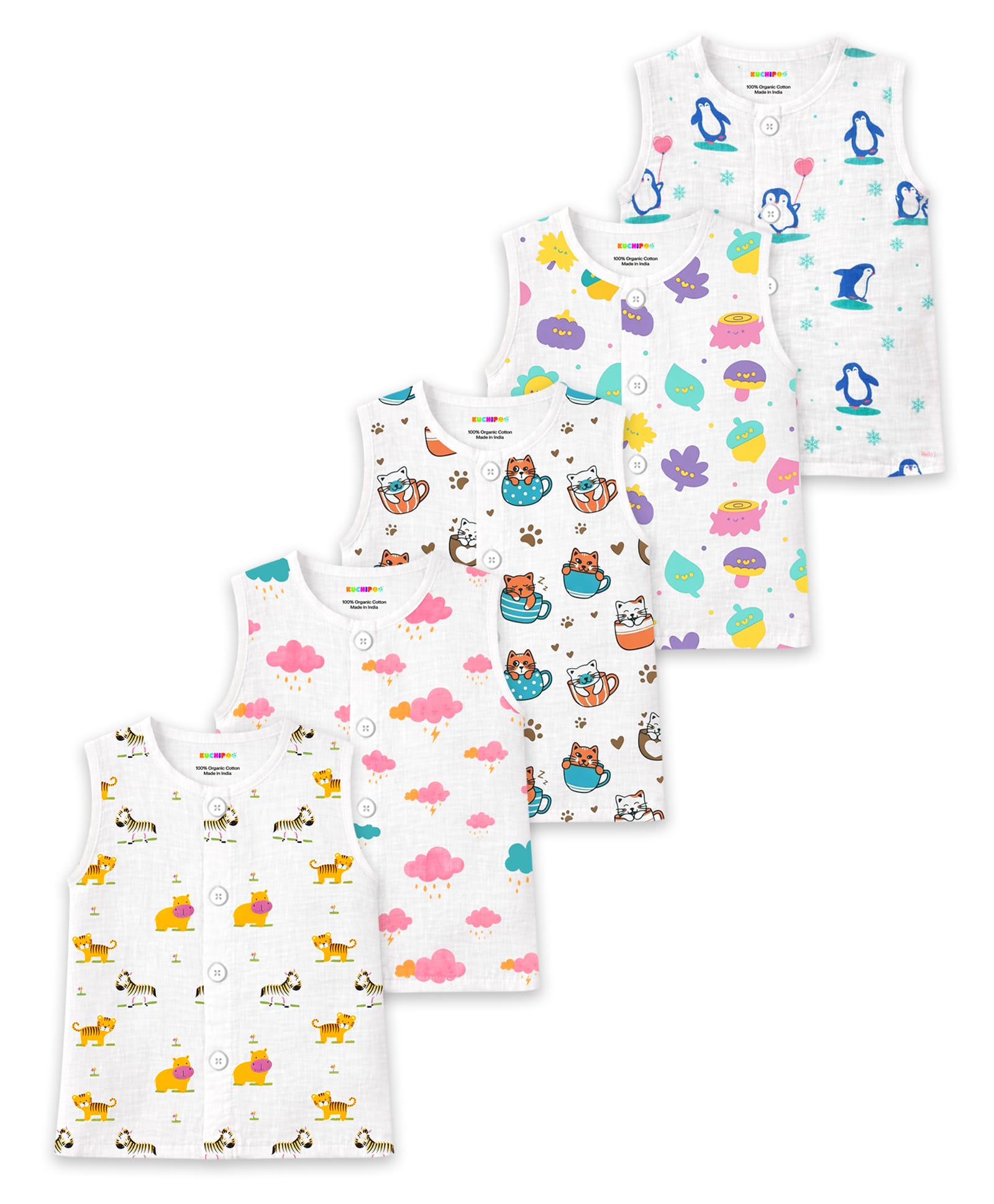KUCHIPOO Cotton Knit Pack Of 5 Sleeveless Penguin Thunderclouds & Jungle Animals Printed Tops - White