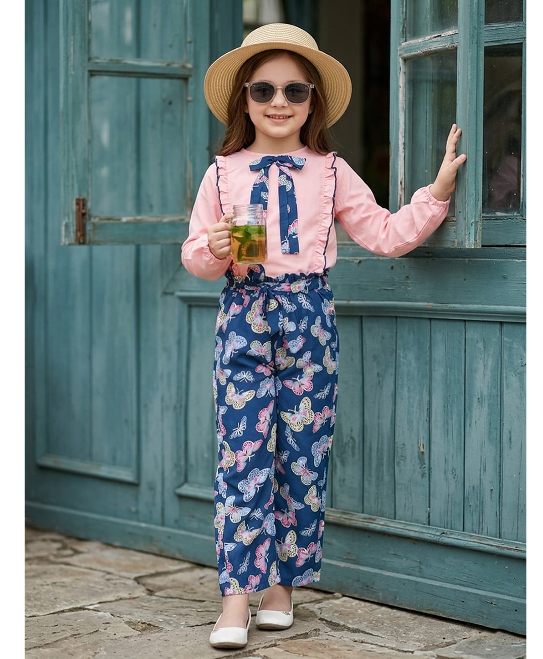 Cutiekins Woven Full Sleeves Frill & Bow Applique Detailed Top & Butterfly Printed Palazzo Set - Peach & Blue-picture-16