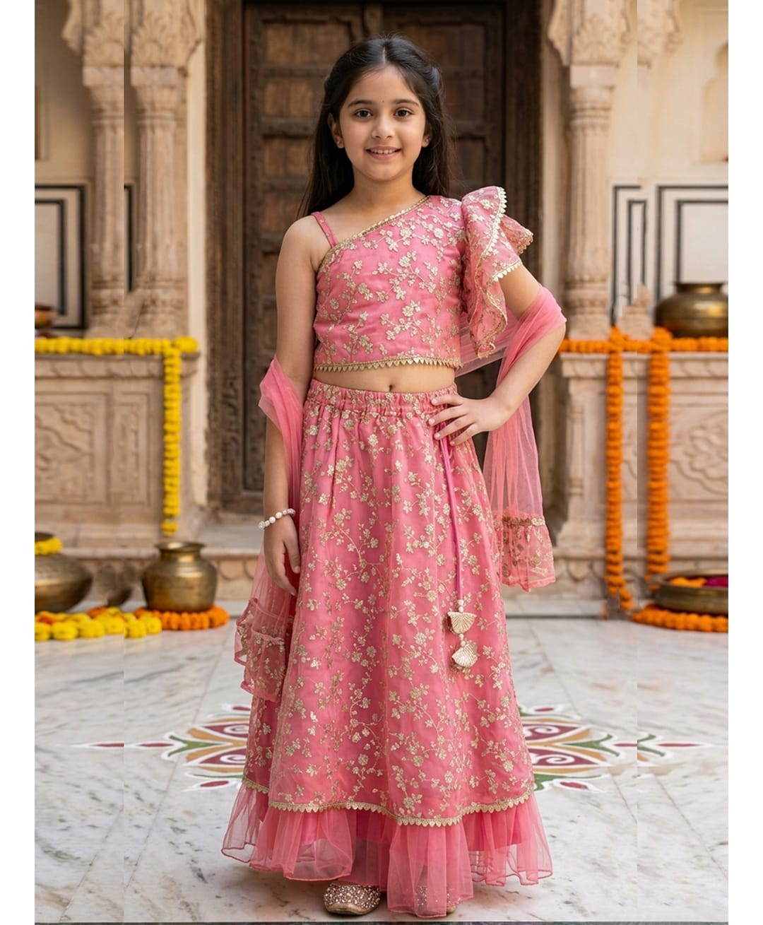 Cutiekins Organza Woven Sleeveless Tassels & Lace Embellished Floral Foil Printed Lehenga Choli Set With Dupatta - Pink & Golden-picture-13