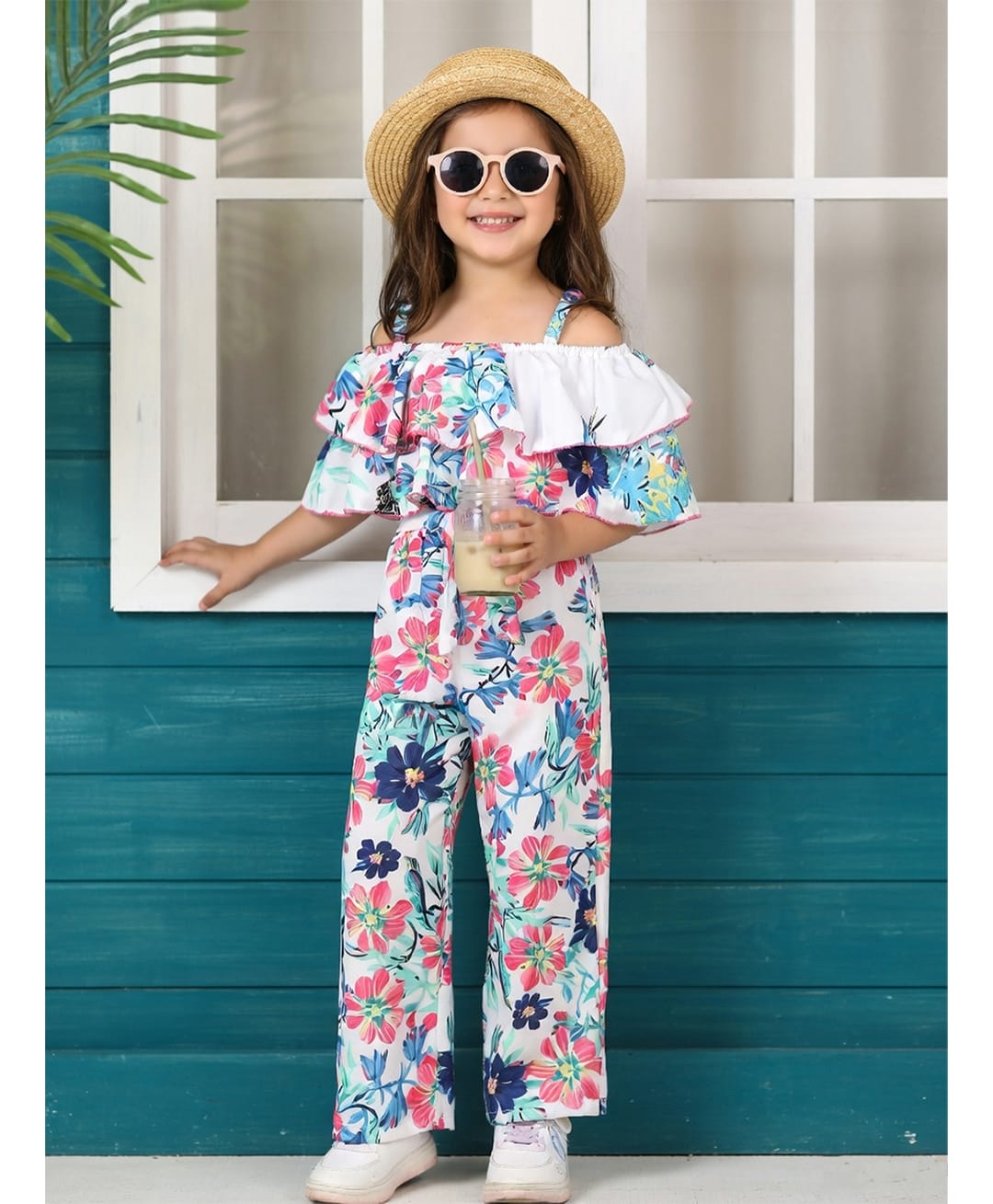 Cutiekins Woven Off Shoulder Sleeves Floral Printed Jumpsuit - Off White & Blue-image-39