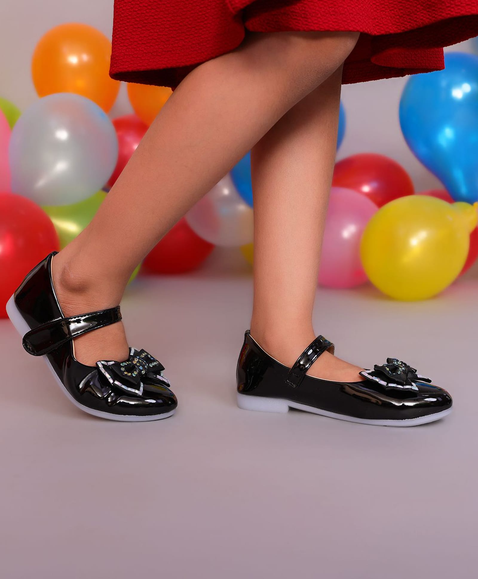 Freeplay Bow Applique Detailed Velcro Closure Mary Jane Ballerinas - Black-picture-5