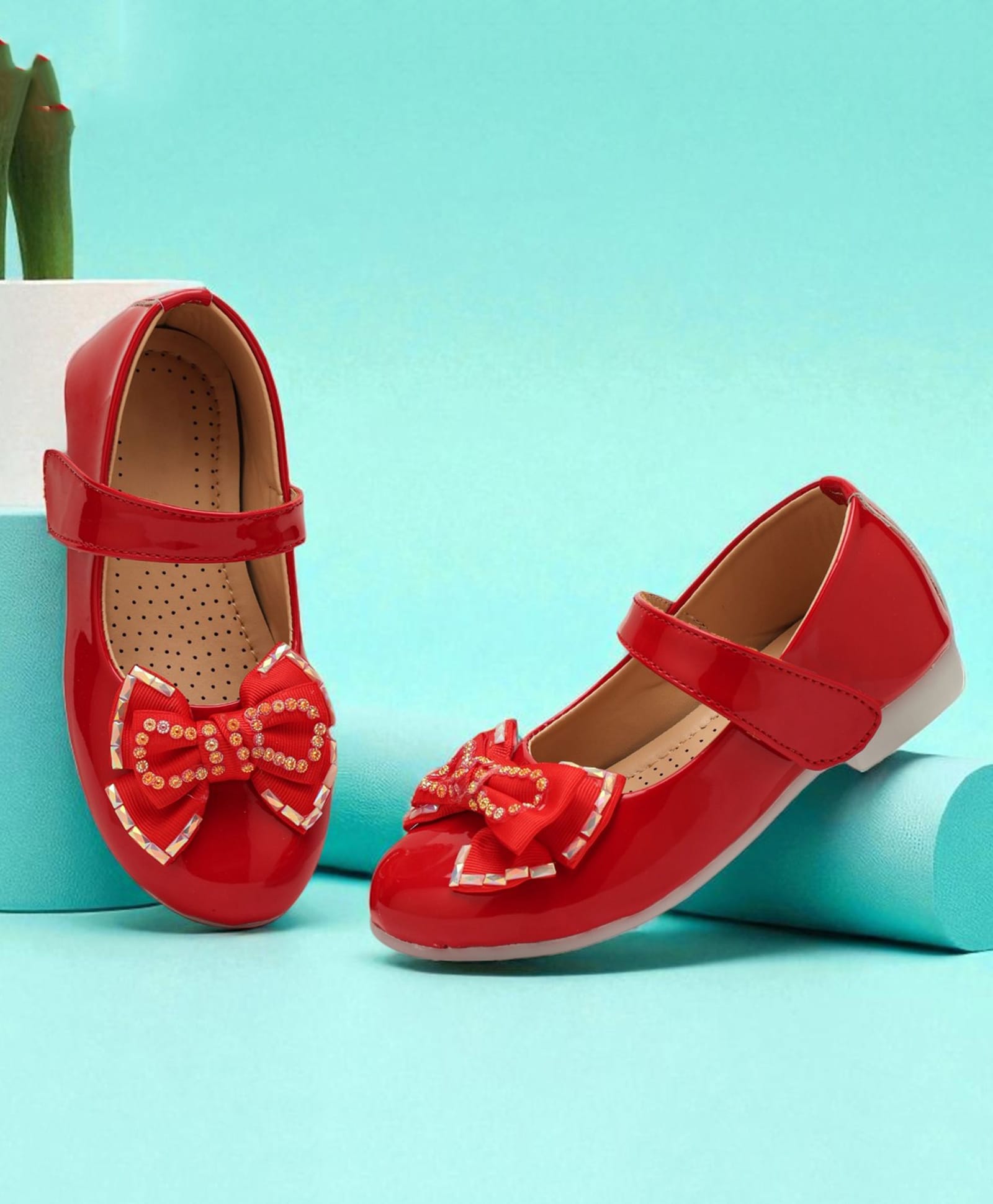 Freeplay Bow Applique Detailed Velcro Closure Mary Jane Ballerinas - Red-picture-48