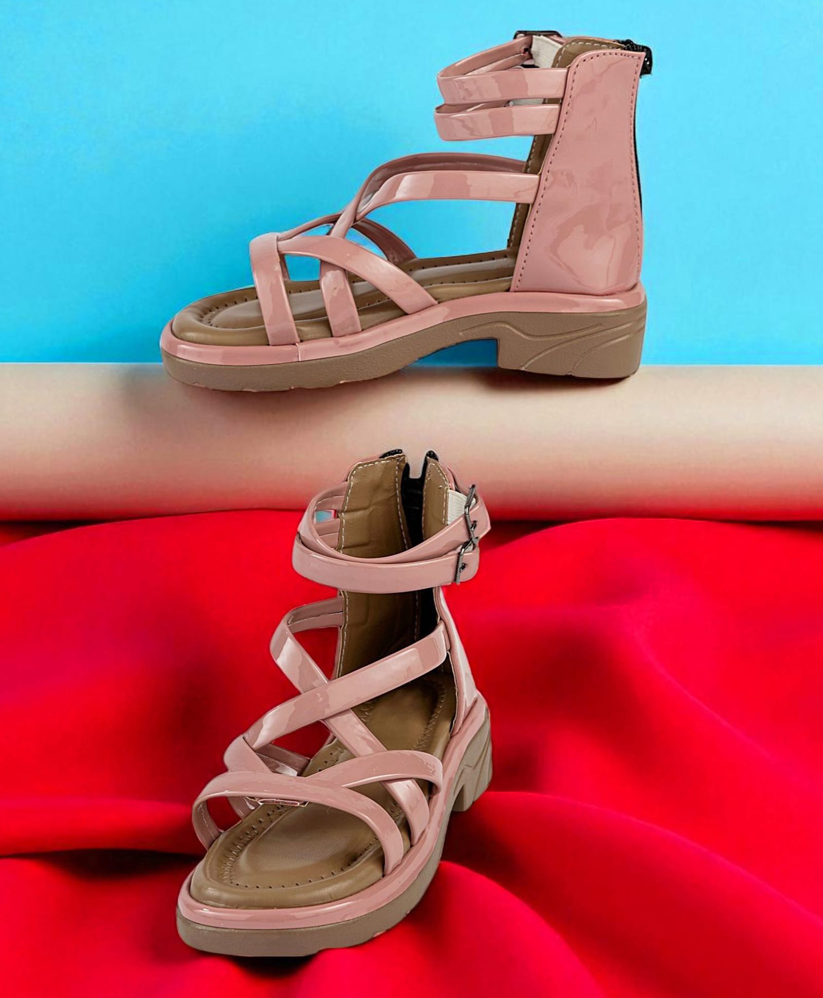 Freeplay Solid Strap Detailed Zipper Gladiator Sandals - Pink-picture-24