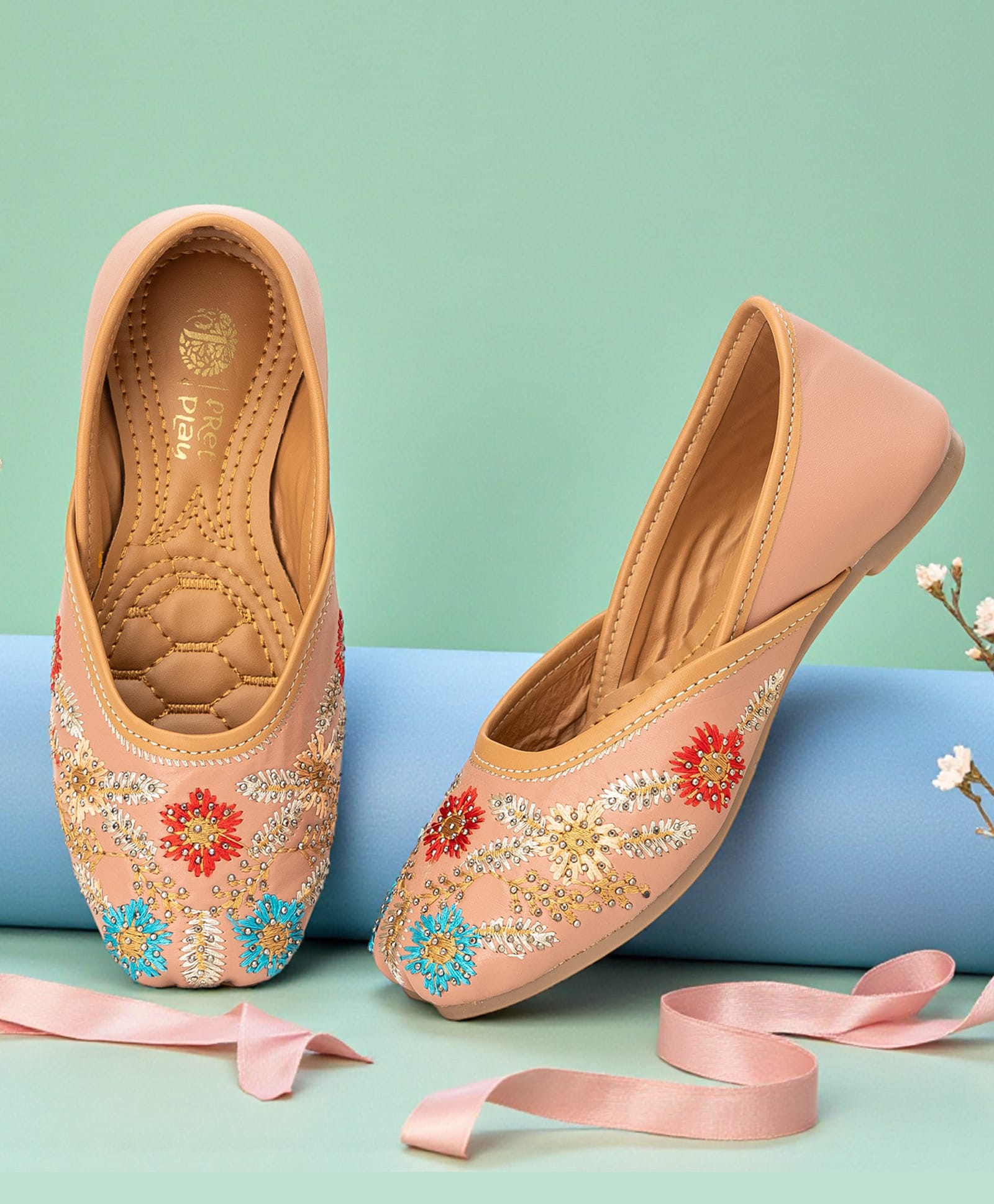 Freeplay Stones Embellished Floral Embroidered Mojaris - Pink-picture-24