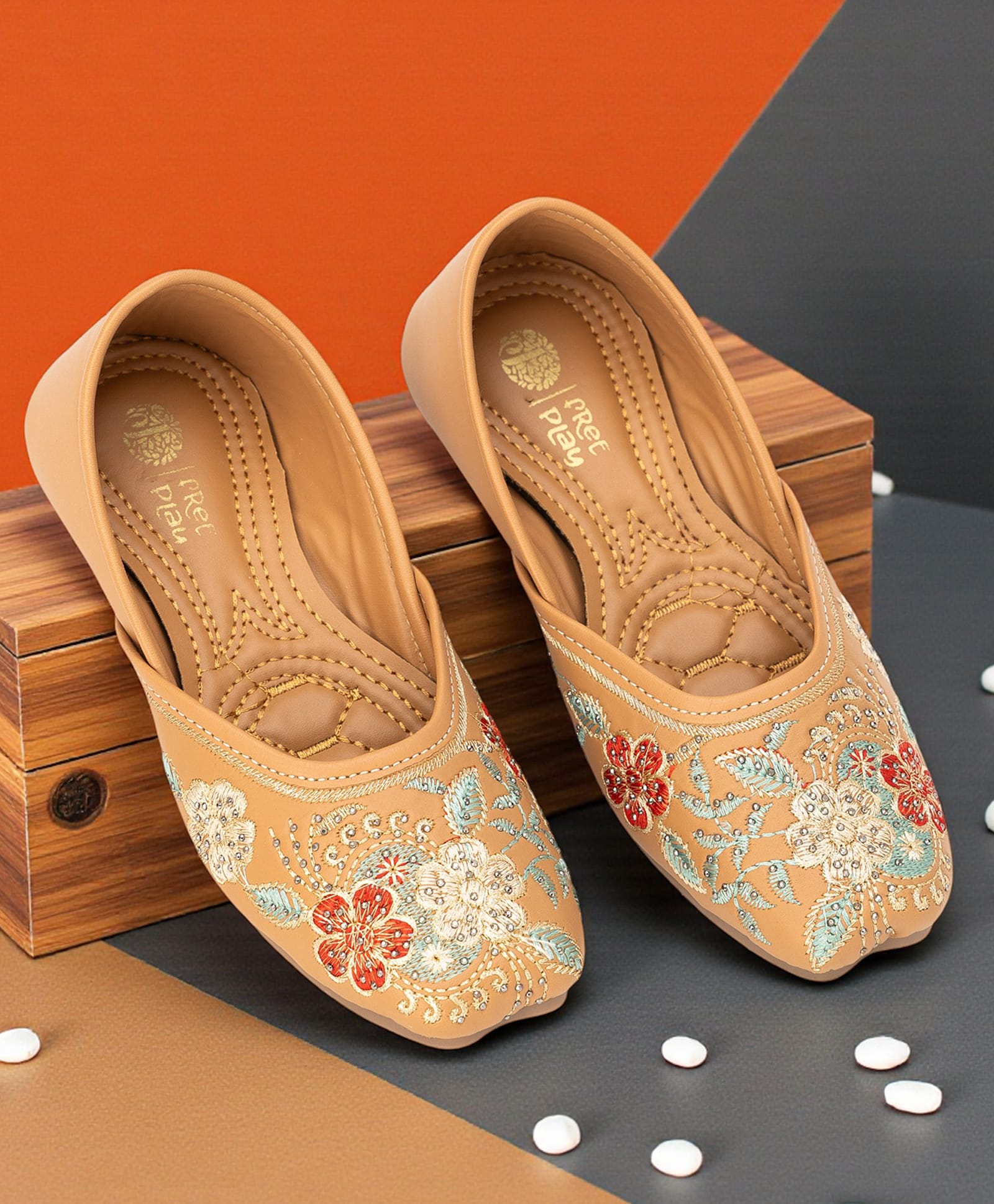 Freeplay Stones Embellished Floral Embroidered Mojaris - Brown-picture-21