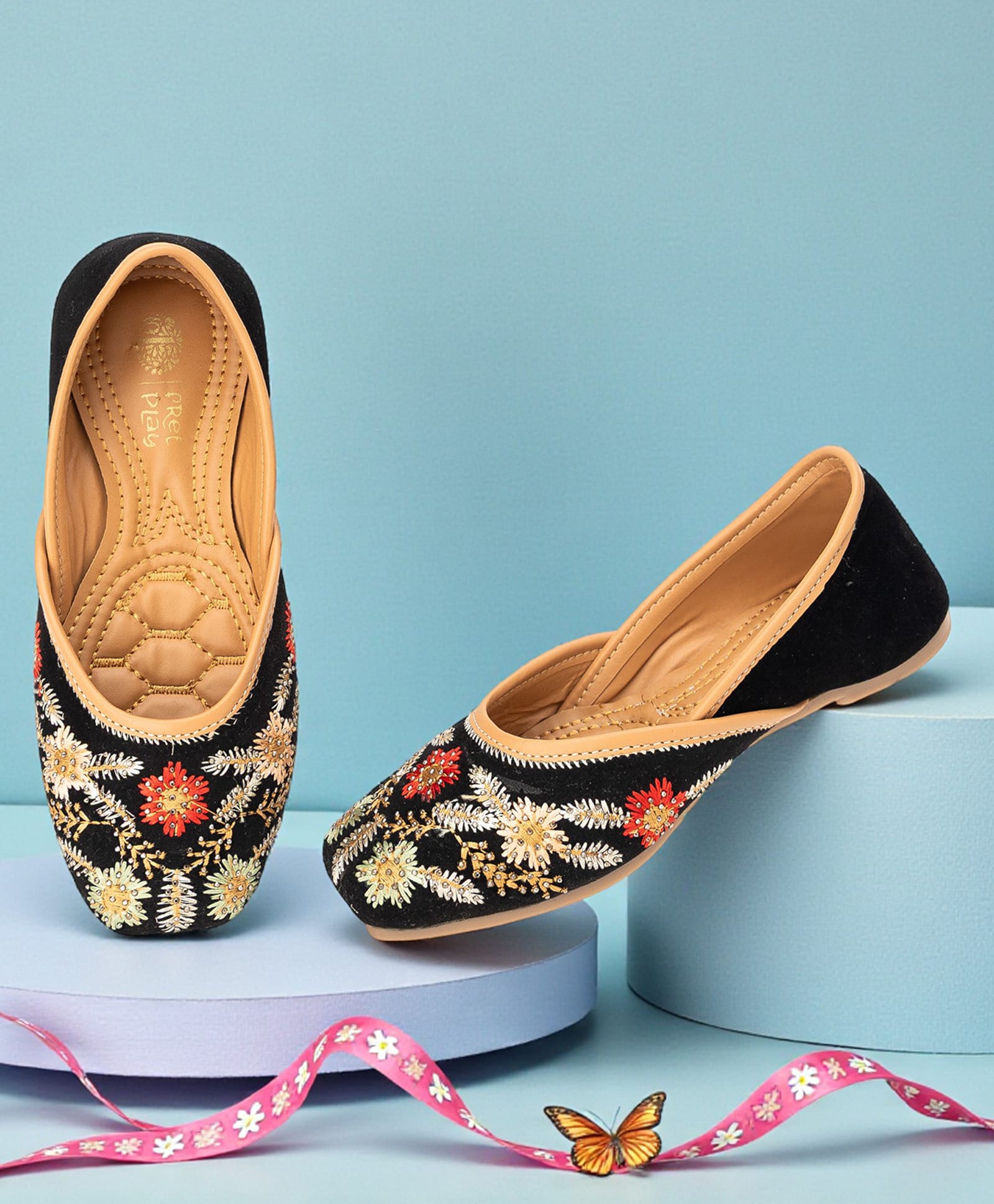 Freeplay Stones Embellished Floral Embroidered Mojaris - Black-picture-26