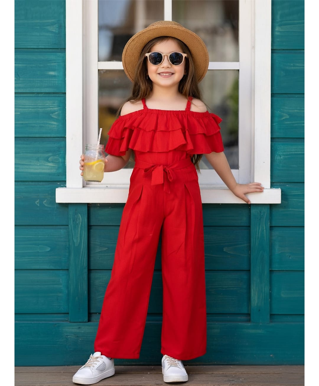 Cutiekins Woven Sleeveless Frills & Knot Detailed Jumpsuit - Red-image-42