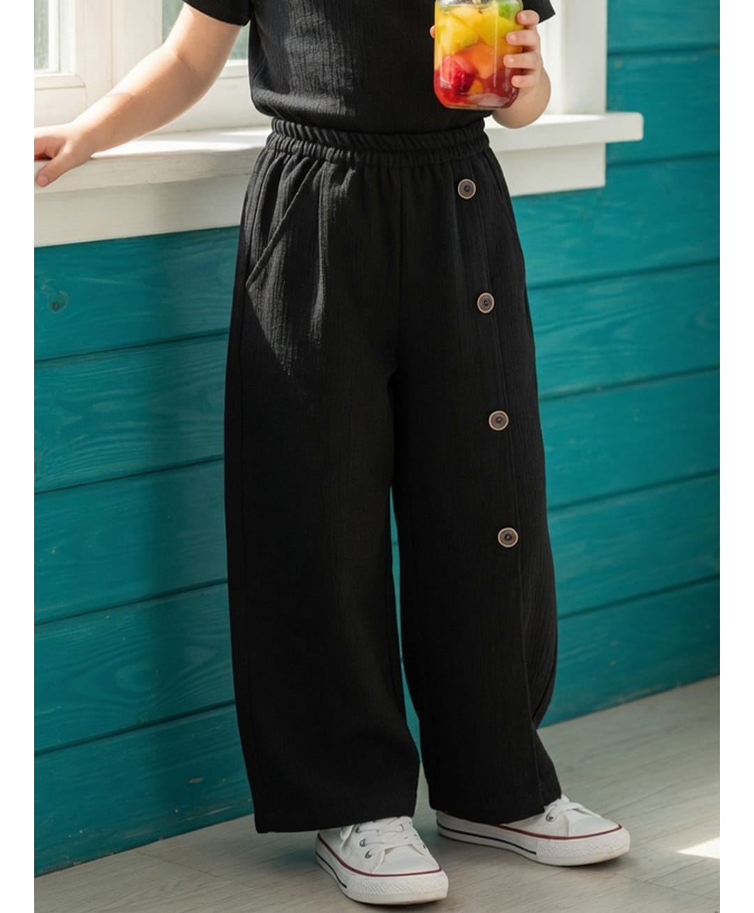 Cutiekins Lycra Woven Buttons Detailed Flared Pants - Black-picture-24