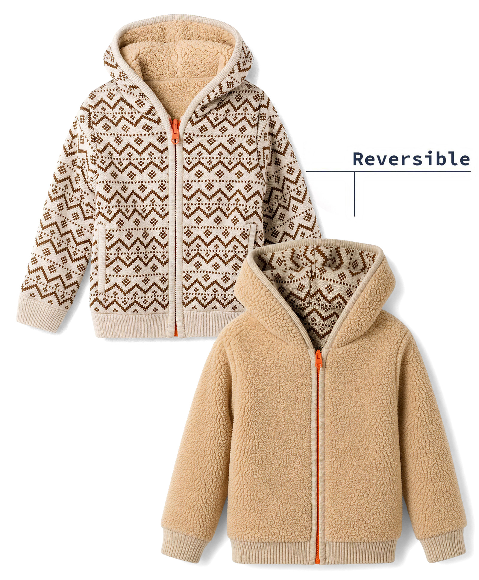 Yellow Apple Knit Full Sleeves Hooded Front Open Reversible Sweater with Chevron Design - Tan-picture-10