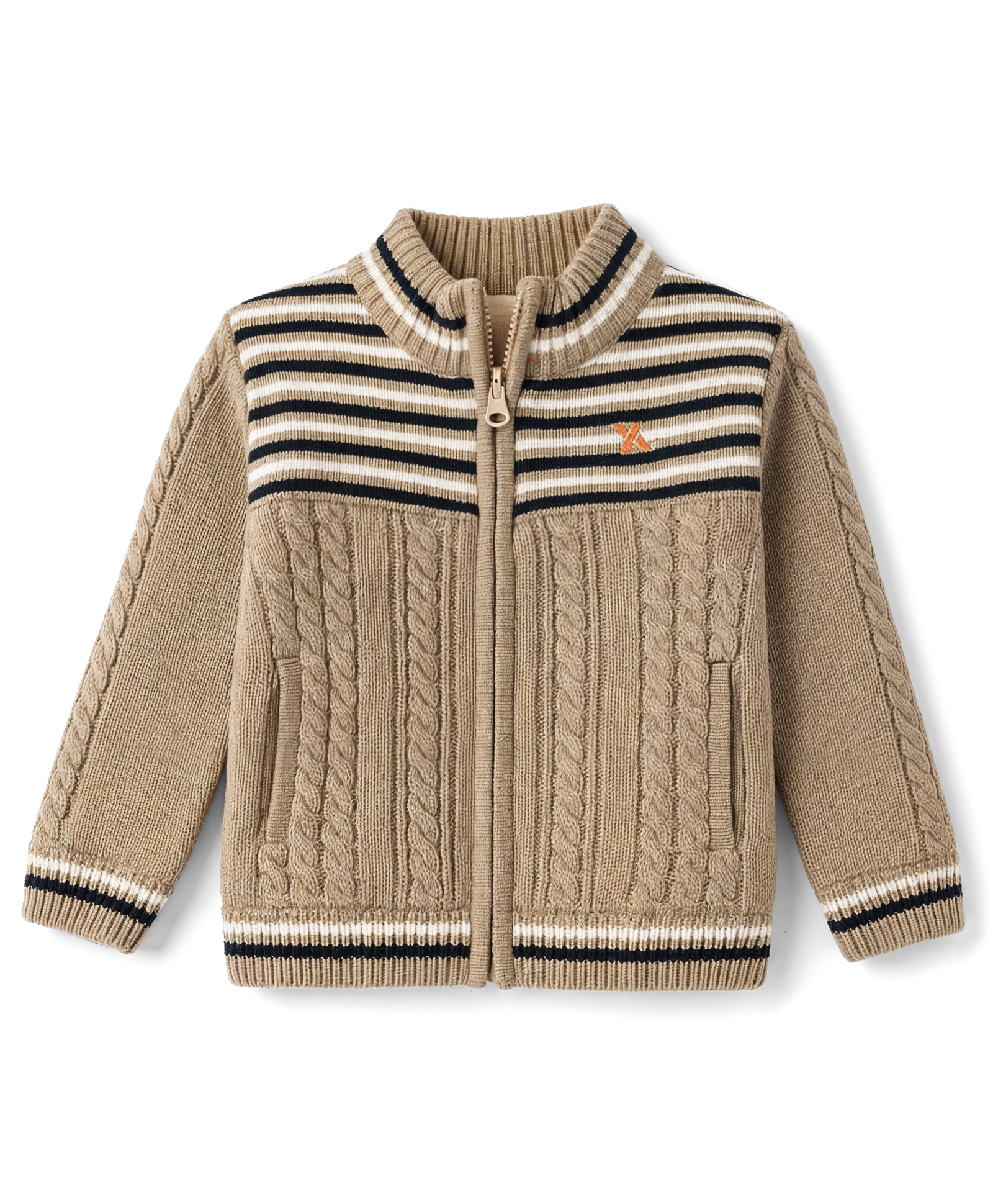 Yellow Apple Knit Full Sleeves Front Open Sweater with Cable Knit Design - Tan-picture-19