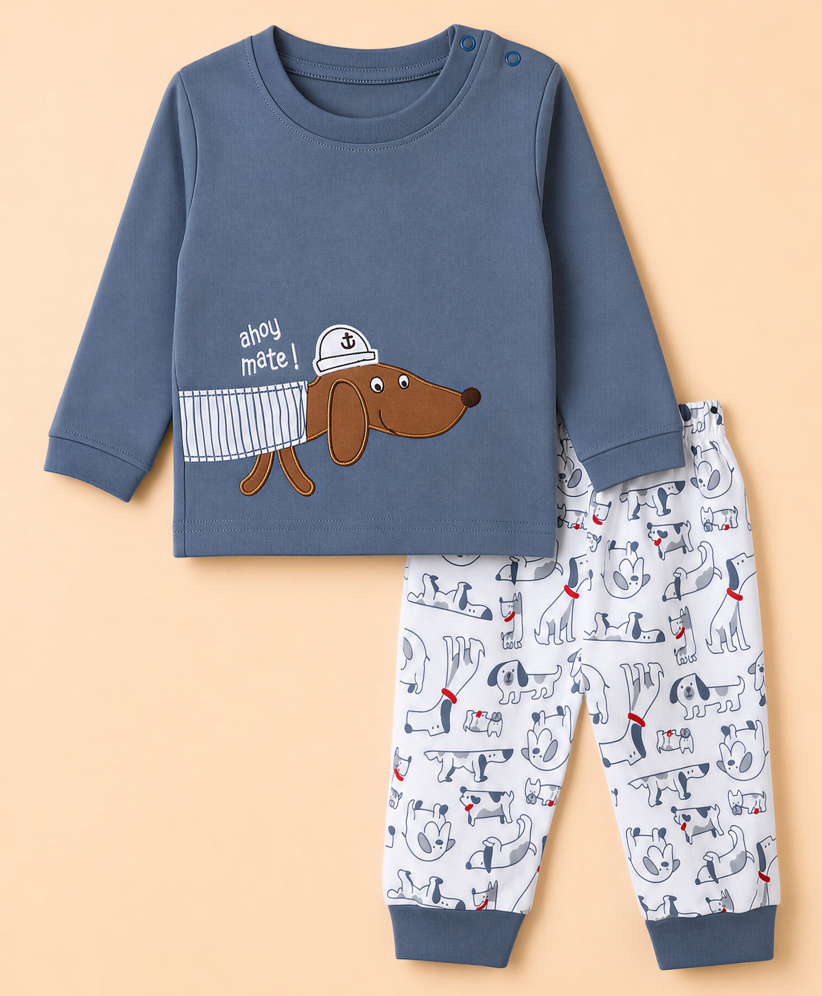 Mini Taurus Knit Full Sleeves T-Shirt & Pajama Night Suit with Puppy Print & Patch - Grey-image-29