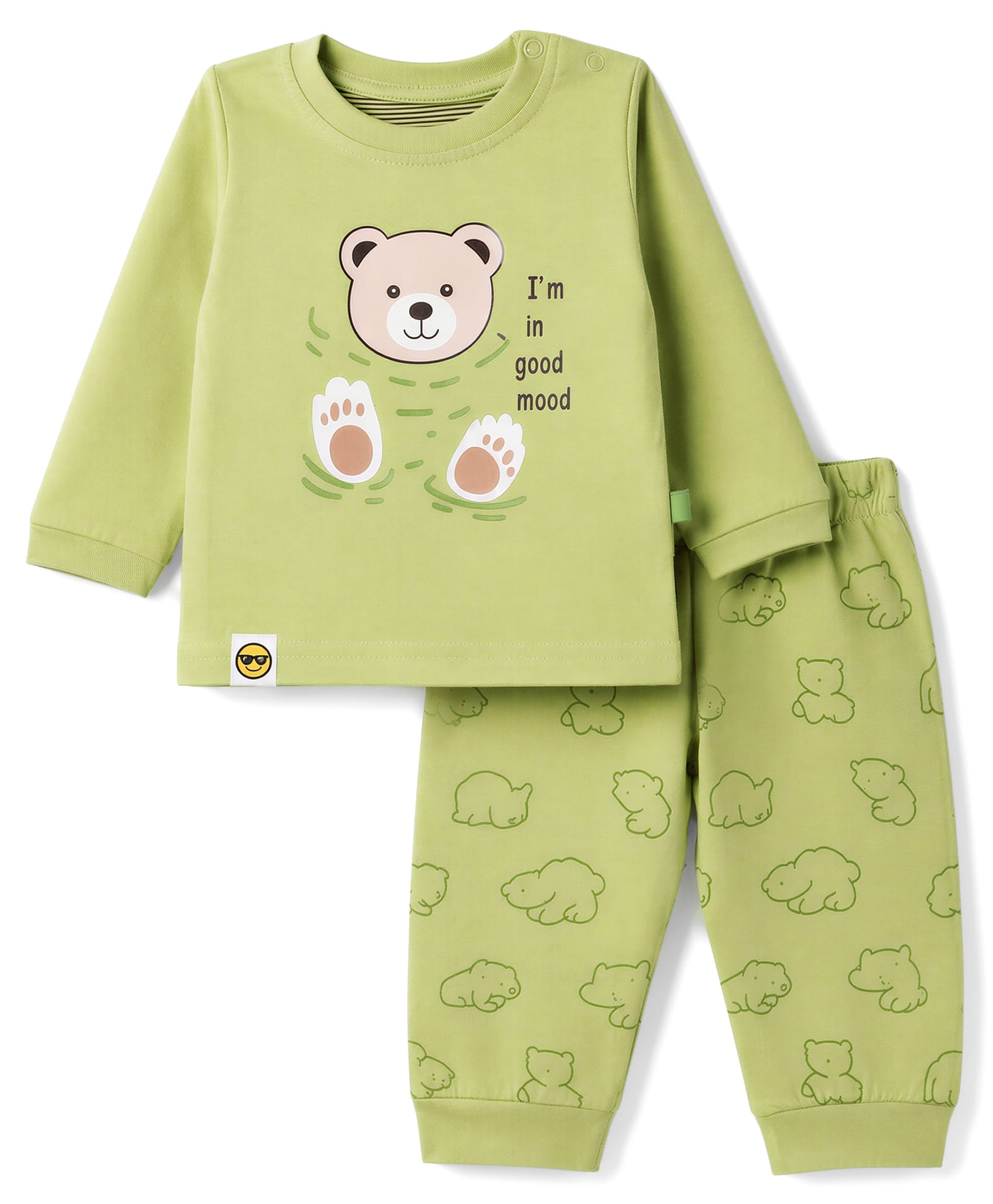 Mini Taurus Knit Full Sleeves T-Shirt & Pajama Night Suit with Bear Print- Green-image-33