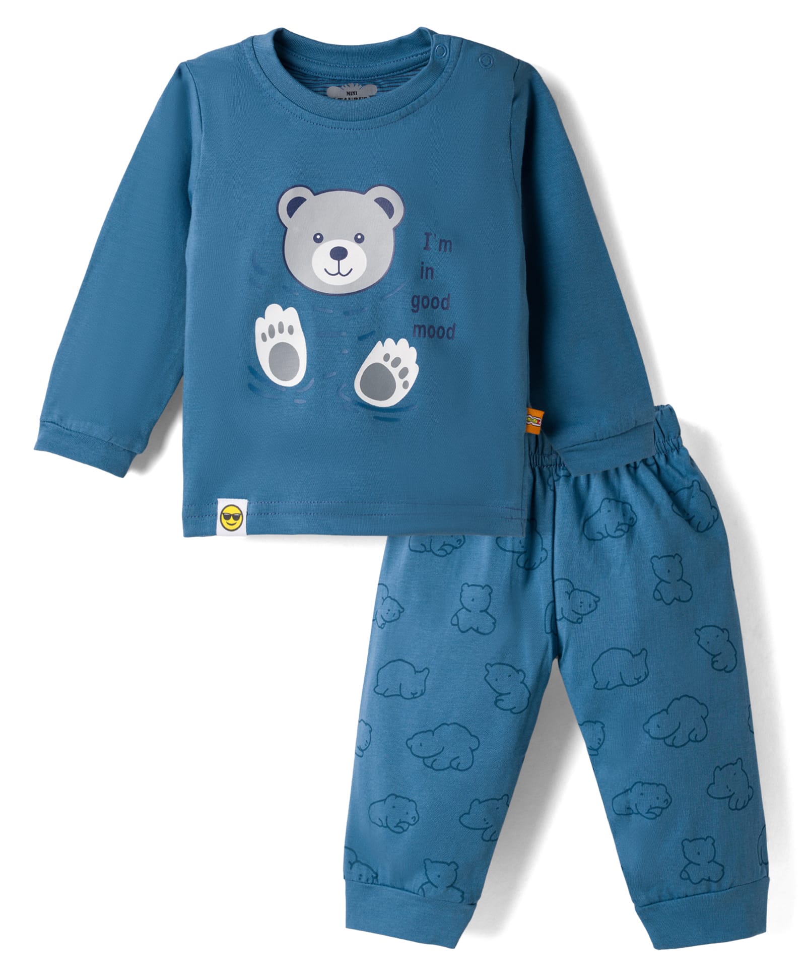 Mini Taurus Knit Full Sleeves T-Shirt & Pyjama Night Suit With Bear Print -Blue-picture-21