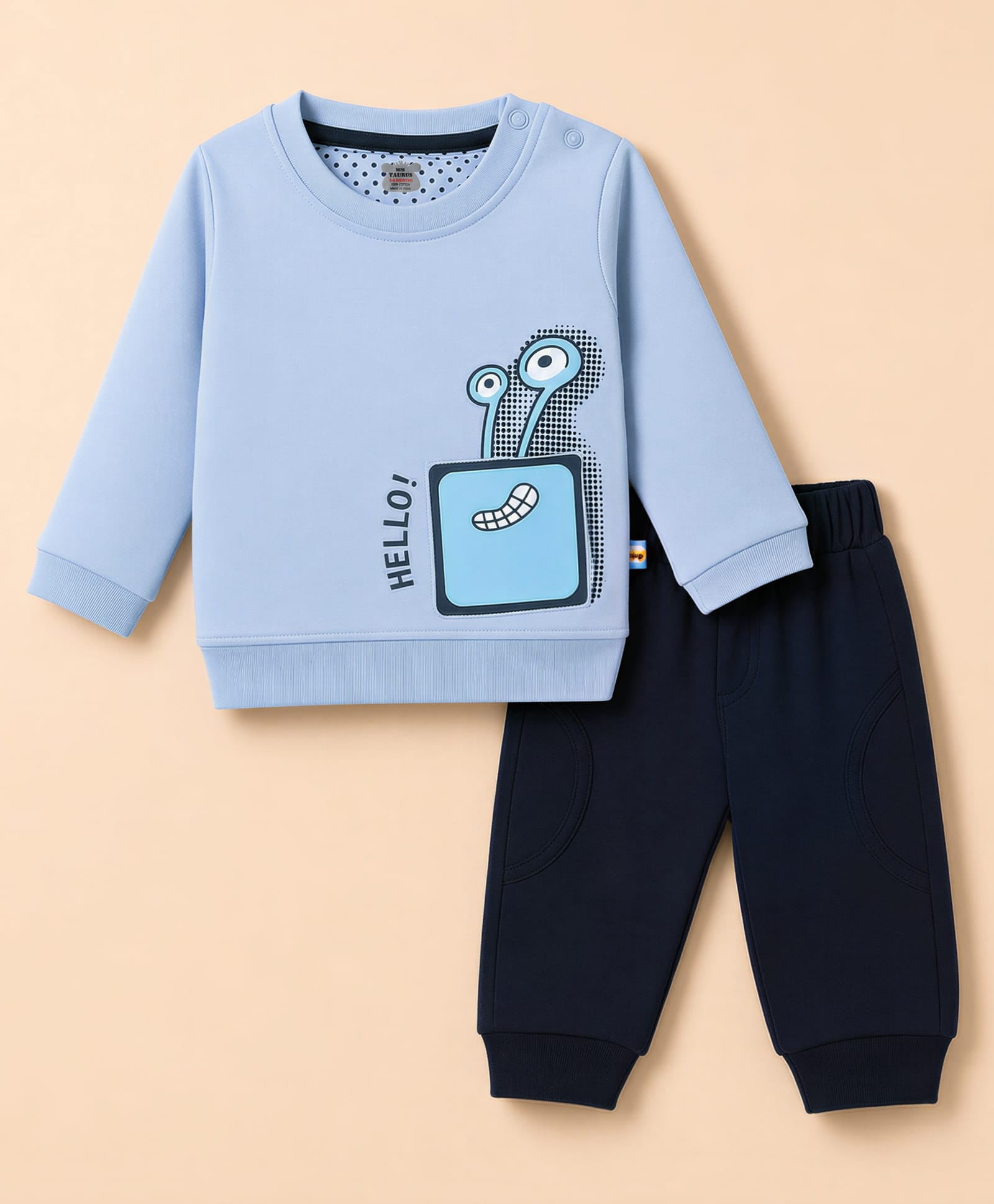 Mini Taurus Knit Full Sleeves T-Shirt & Pajama Night Suit with Speaker Print- Light Blue-picture-2
